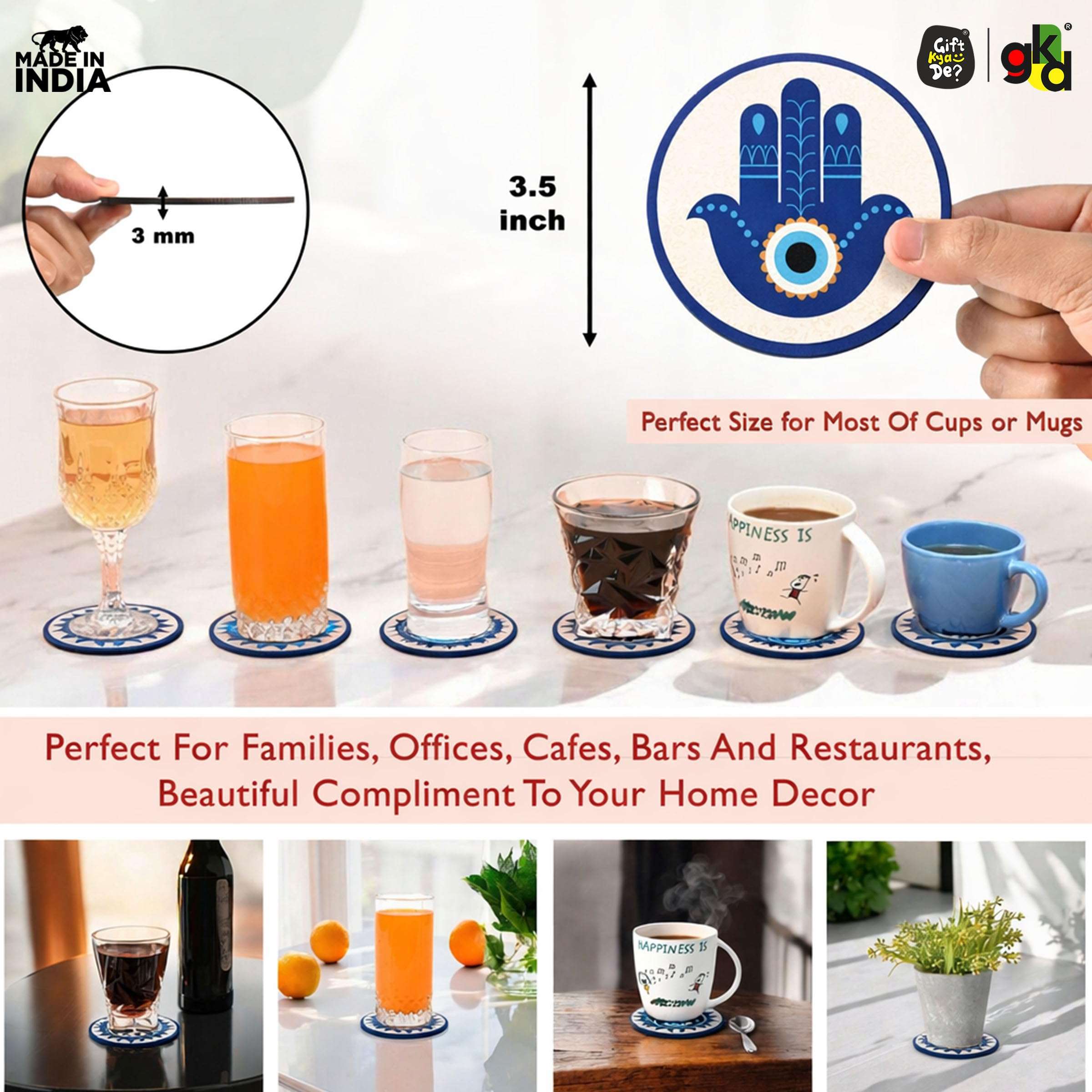 GKD Coaster Set of 6 Beautiful Wooden Evil Eye Theme Design Coasters with Proper Coaster Stand | Designer Coaster Set fit for Tea Cups, Coffee Mugs and Glasses | 6 pc Round 3.5 x 3.5 inch (Evil Eye) 5