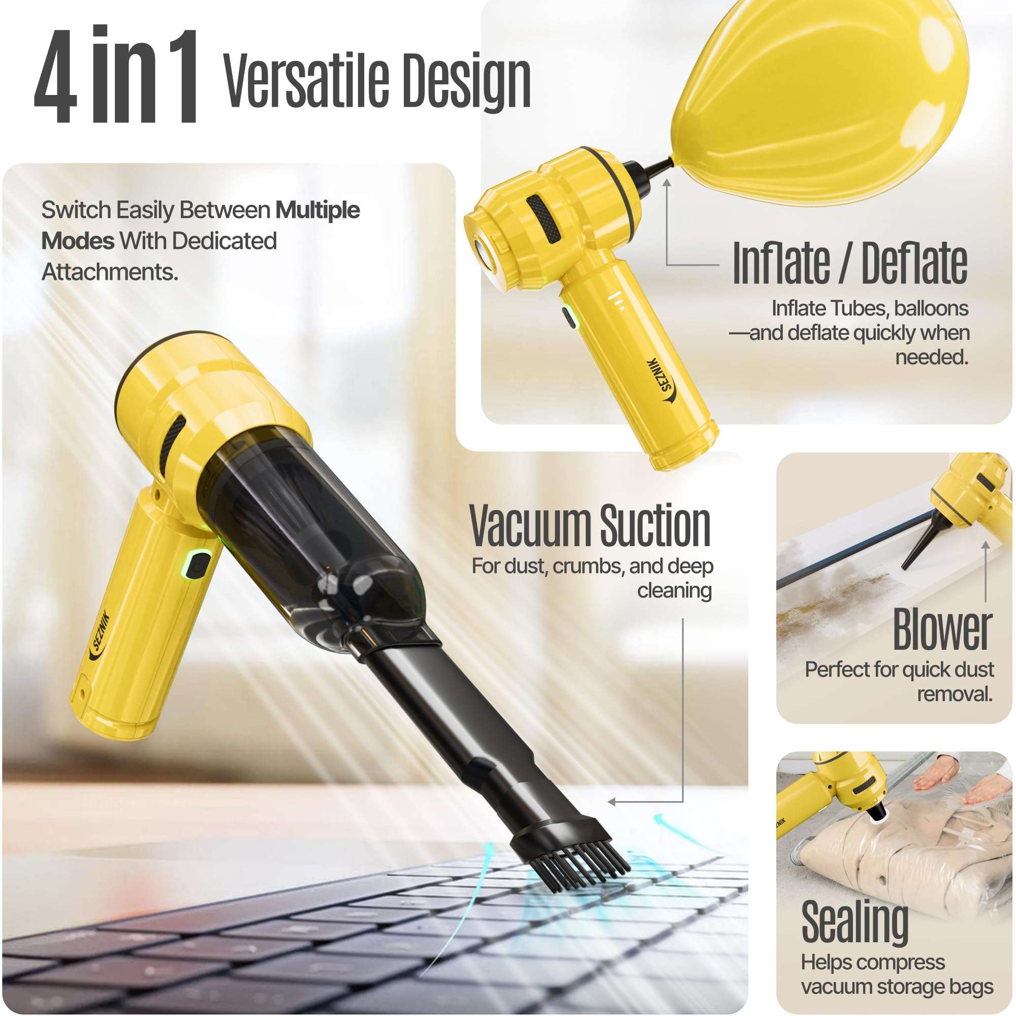 SEZNIK Vacuum Cleaner for Home Use | 4 in 1 Cordless Vacuum Cleaner & Blower | Rechargeable 6000mAh | 3 Speed Suction Upto 15000PA | BLDC Motor | Home & Car Use | 1 Year Warranty 4