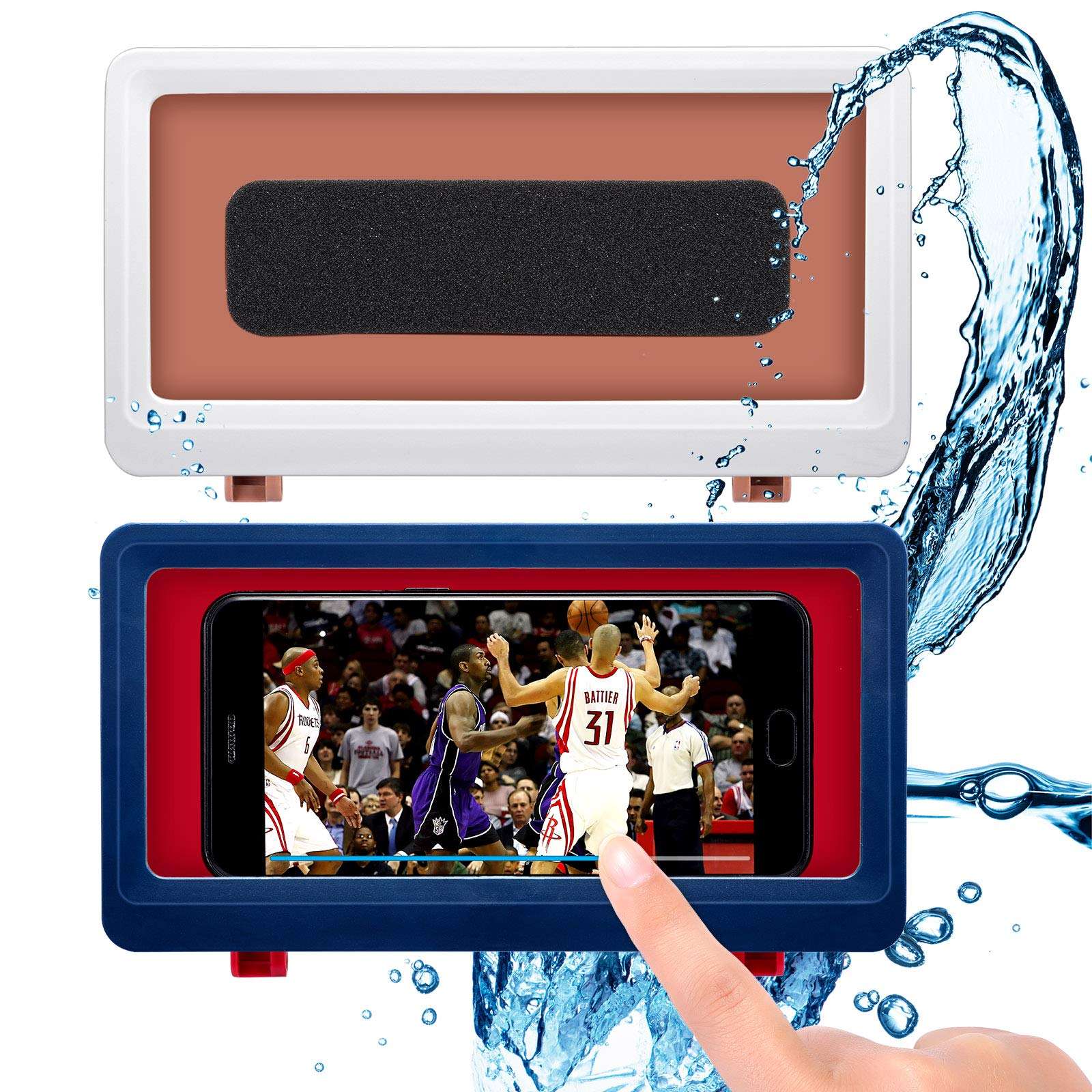 2 Pieces Waterproof Wall Mount Shower Phone Holder Bathroom Phone Storage Case Shelf Adhesive Shower Phone Box for Bathroom Mirror Bathtub Kitchen, Blue and White 1