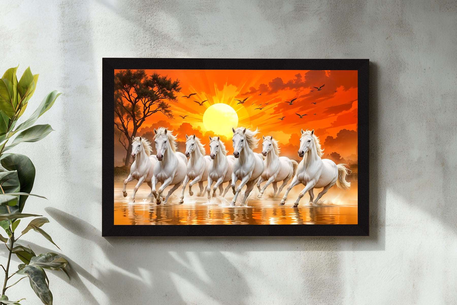 ArtX Paper 7 Horses Vastu Frame Wall Art Painting, White Running Horses On Water Painting Vastu Rising Sun Wall Decor, Multicolor, Nature, 18.0 X 12.0 inches, Set of 1 5