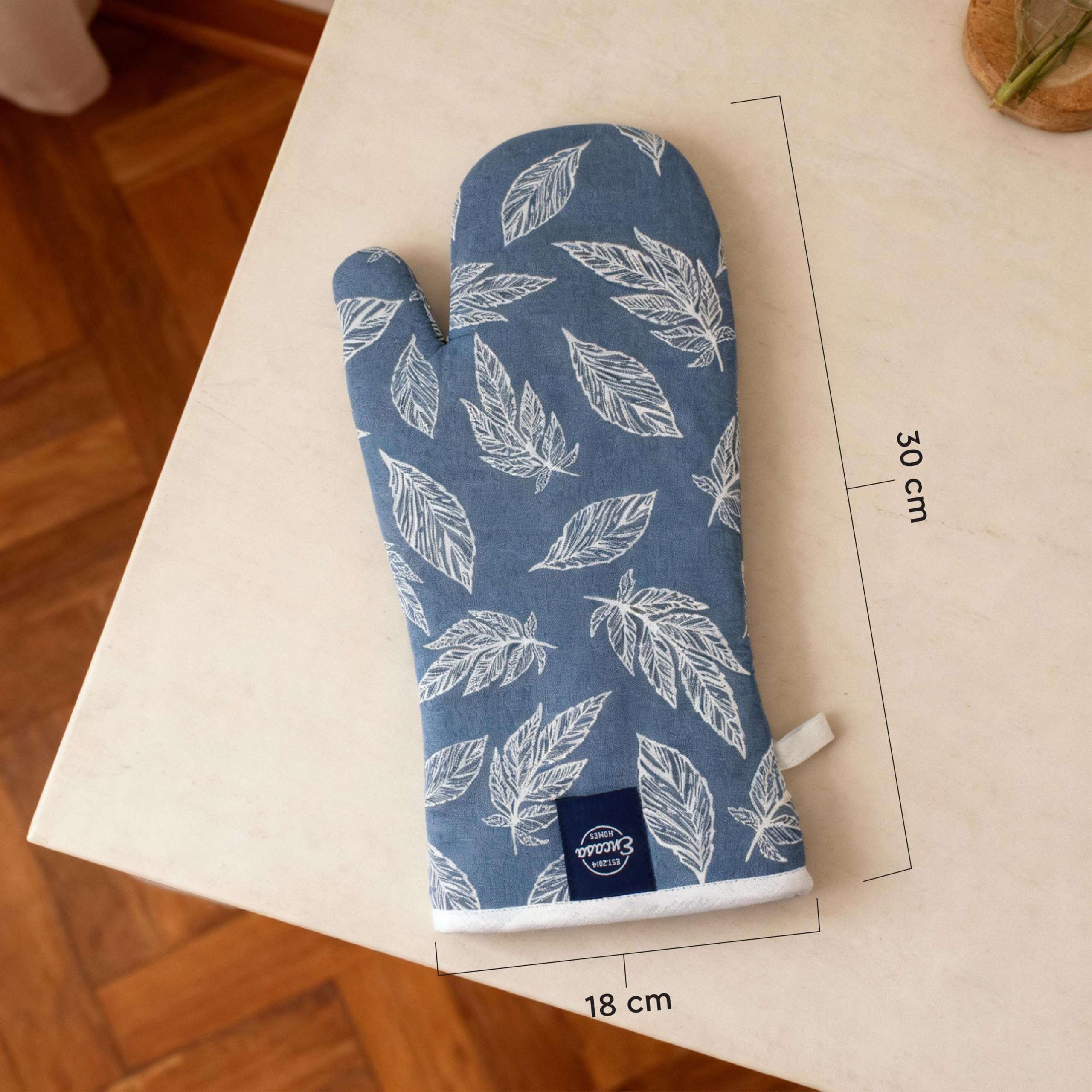Encasa XO Extra Long 18x35 cm Microwave Oven Gloves Mitts (2 pcs) for Kitchen Cooking - Big Leaf Blue - Heat Resistant, Thick & Safe, Protection of Hands from Hot Utensils, Gas Flame, Grill, Barbecue 4