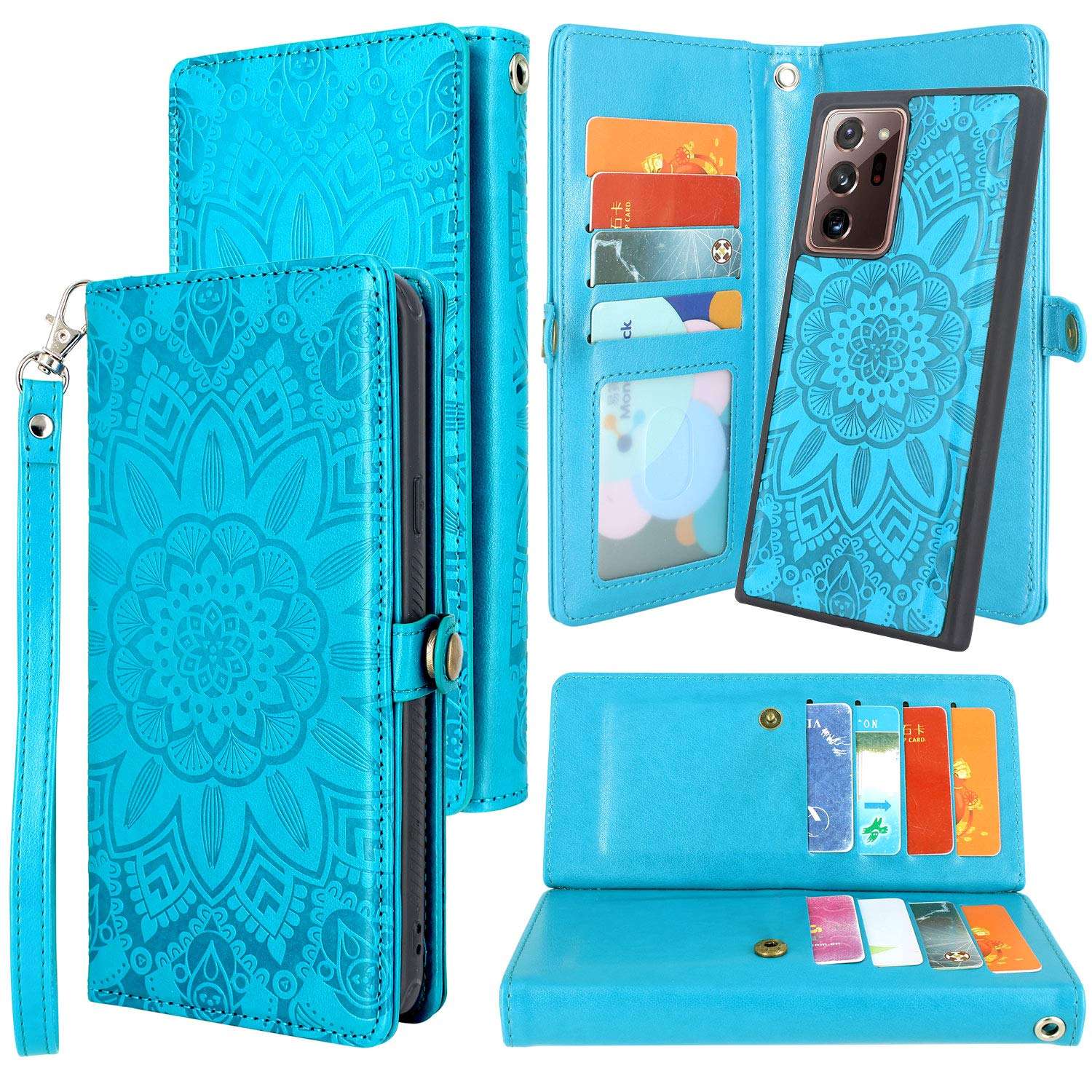 Harryshell Detachable Magnetic 12 Card Slots Wallet Case PU Leather Flip Protective Cover Wrist Strap for Samsung Galaxy Note 20 Ultra 5G 6.9 inch (2020) (Not Fit Note 20 6.7 inch) (Flower Blue) 1
