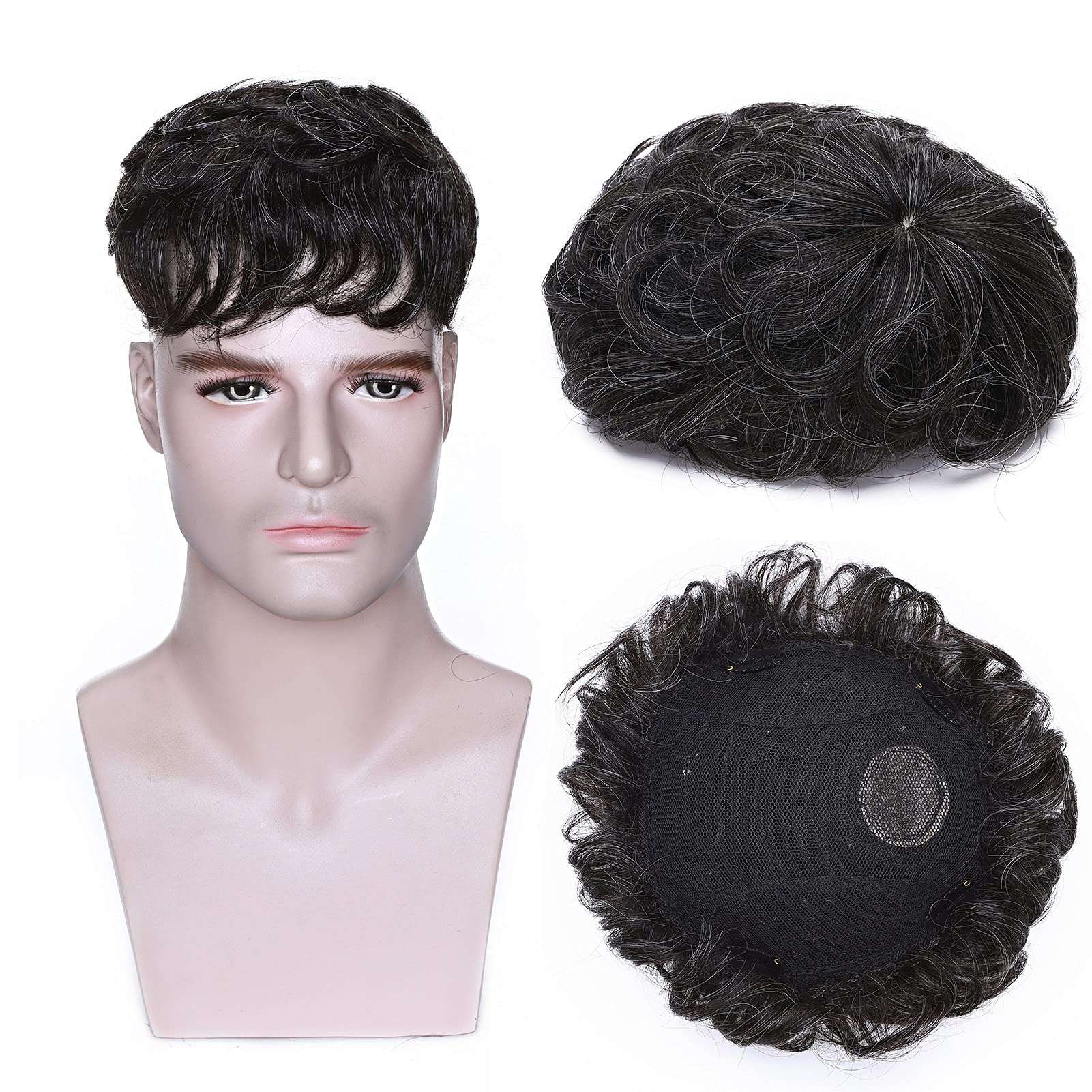 MY-LADY Toupee for Men Hair Pieces Human Hair Topper 6.3"x7.5" Replacement System 150% Density Clip in Hairpiece 90% Natural Black Real Human Hair with 10% Synthetic Gray Hair 1