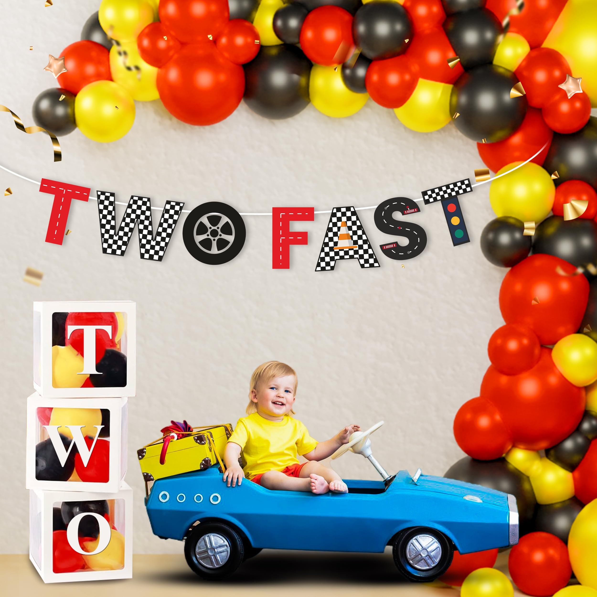 Untumble TWO FAST Bunting & Letter Box Kit (Pack of 64 pcs) - Birthday Banner, 60 Balloons, and Letter Box - Ideal for Small Parties and Surprise Setups