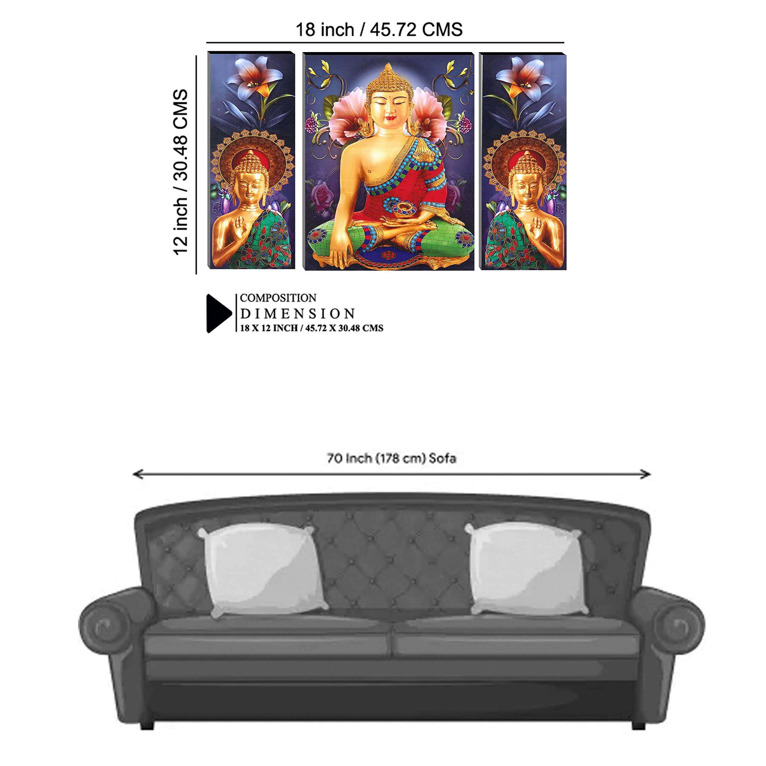 Indianara Set of 3 Gowthama Buddha Art MDF Art Painting (4100FL) without glass 4.5 X 12, 9 X 12, 4.5 X 12 Inch (Multicolor) 3