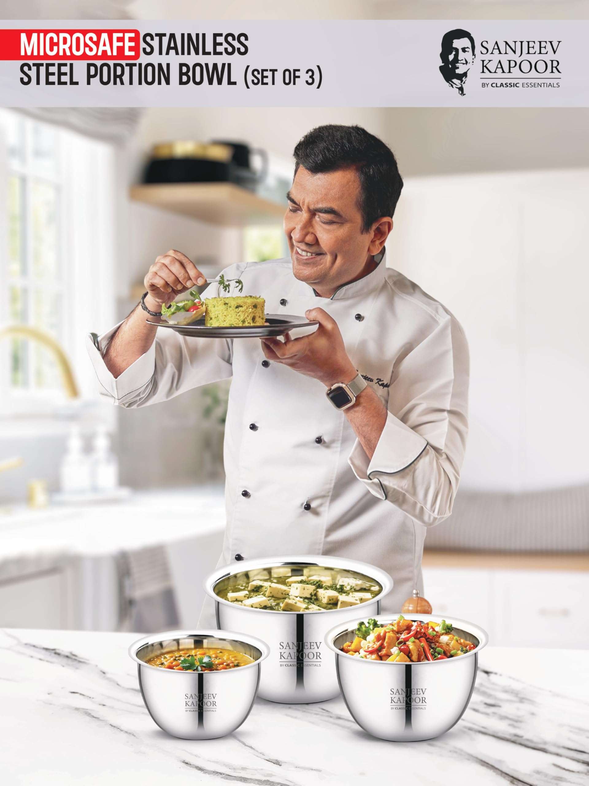 Sanjeev Kapoor by Classic Essentials Stainless Steel Set of 3 Mixing & Serving Bowl Microwave-Safe Solid, Durable, Elegant, Mirror Finish Bowl (Silver, 750,1500,1000ML) 4