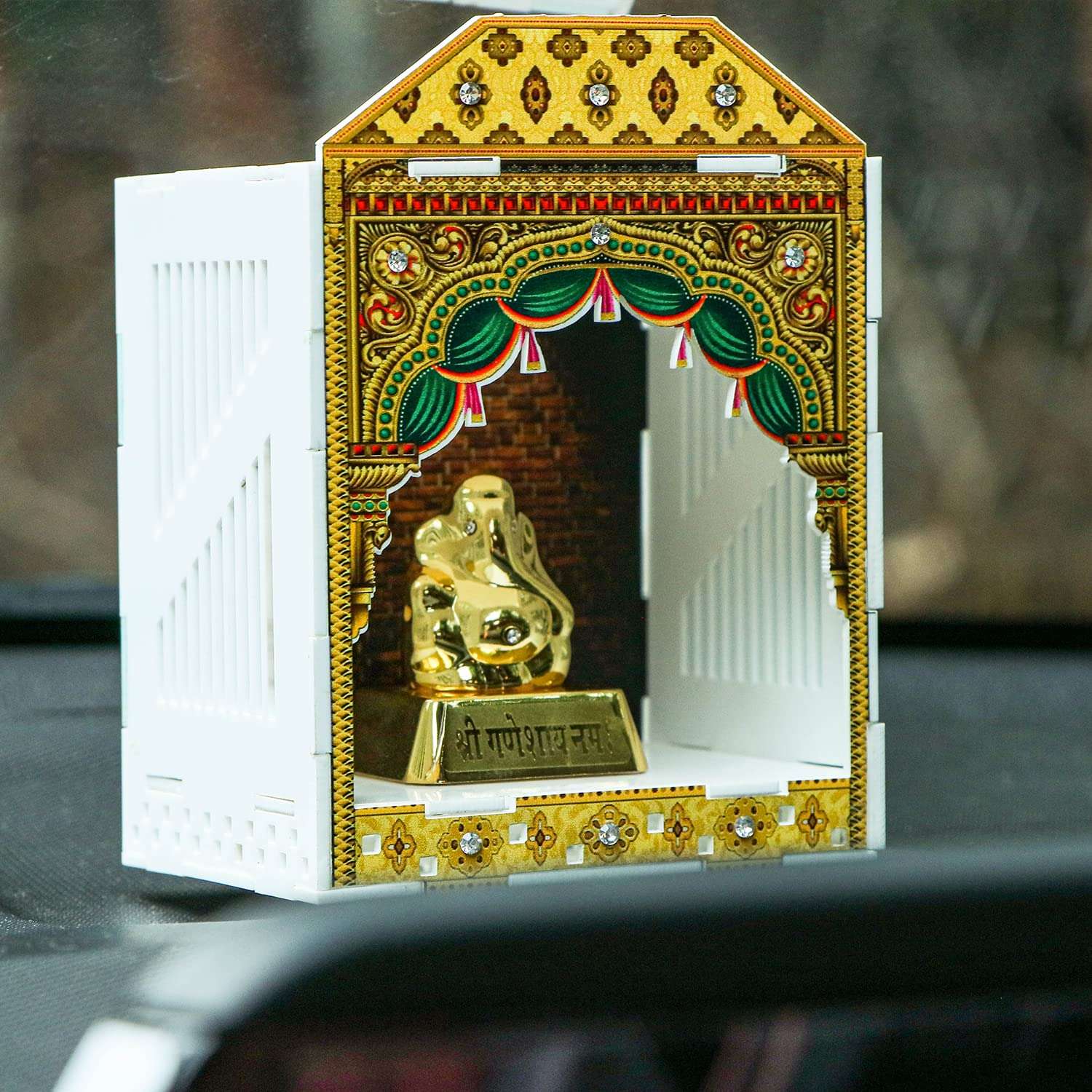 VPLLEX Car Temple for Dashboard | Temple with Essential Oils | Religious Gift | Wooden Temple | Mandir | Fragrances with Temple | Car Showpiece | Car Interior Decoration (Printed_Sandalwood) 1