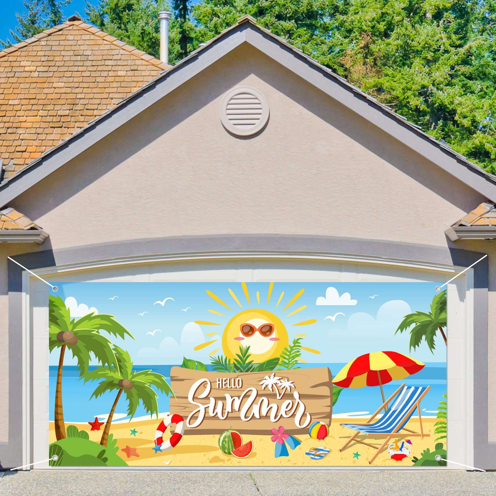 Whaline Hello Summer Garage Door Banner Beach Scenery Garage Door Cover 6x13Ft Summer Backdrop Decoration for Hawaiian Pool Party Indoor Outdoor Wall Door House Background Decor 1