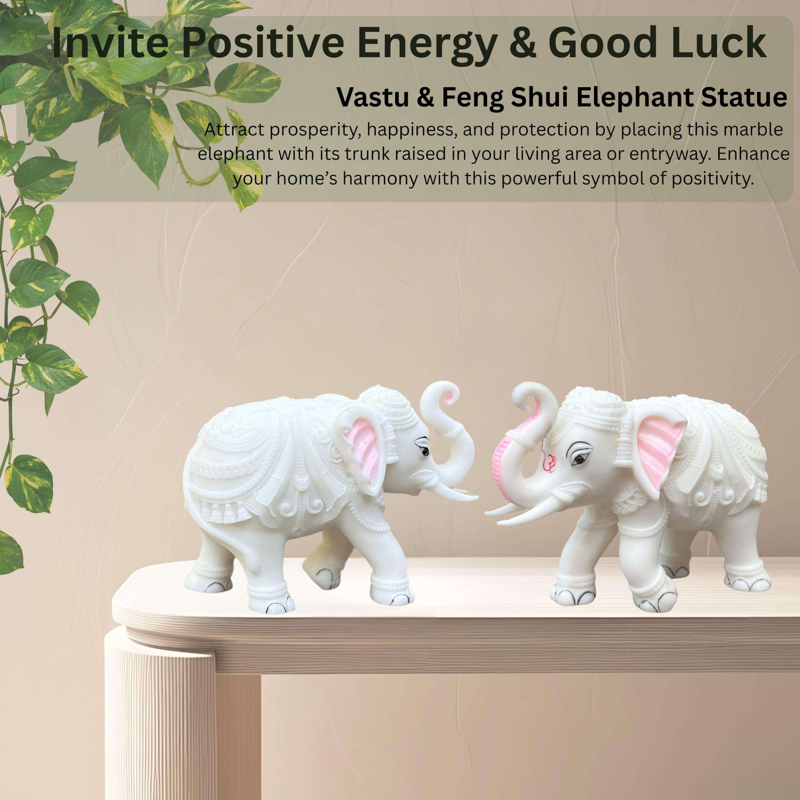 KRAFTSKALA White Marble Elephant Statue Pair (2x3 Inches), Trunk Up Decorative Elephant Figurine for Home Entrance, Living Room & Office, Vastu Feng Shui Diwali, Prosperity Gift 3