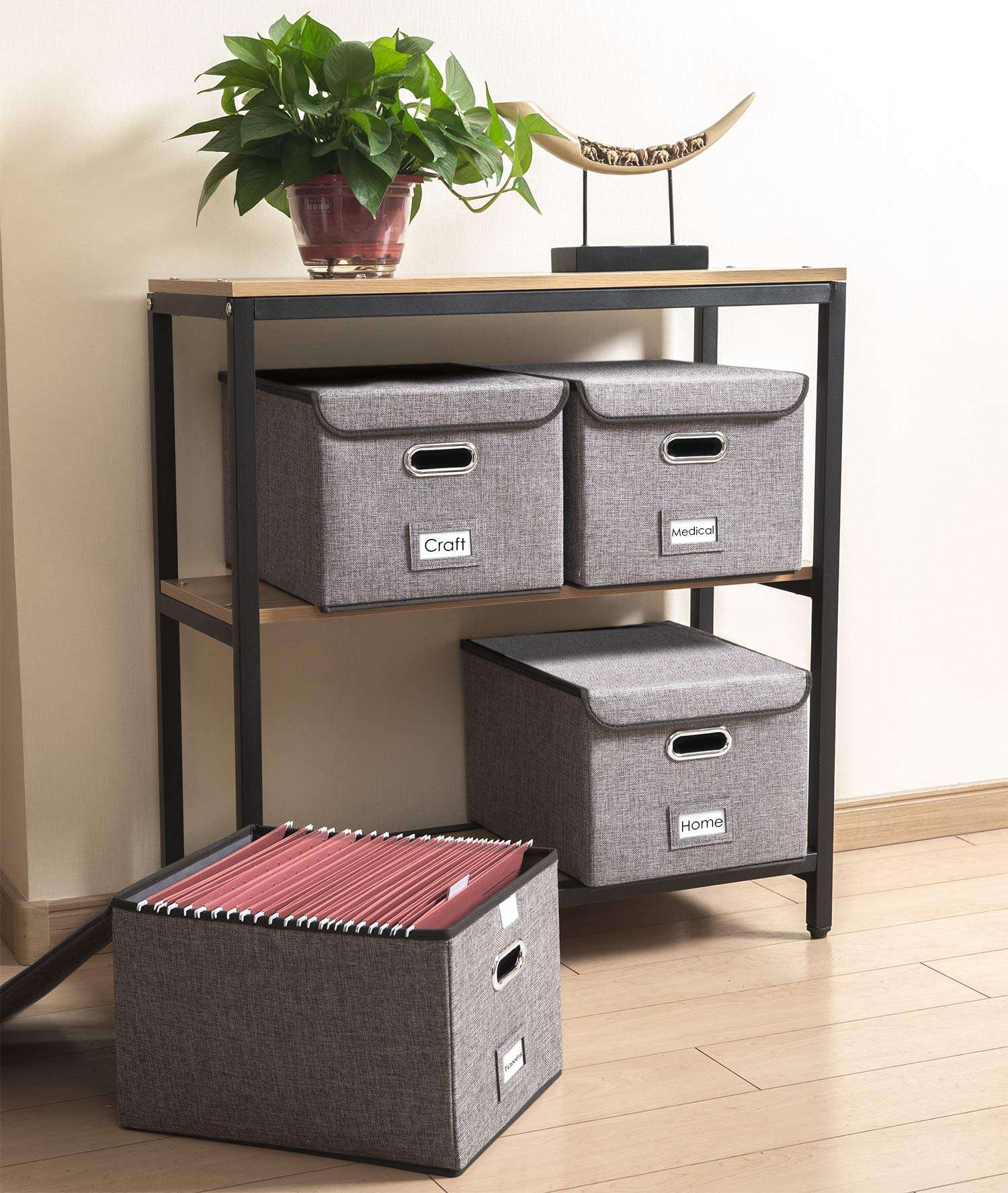 PRANDOM File Organizer Box - Set of 1 Collapsible Decorative Linen Filing Storage Hanging File Folders with Lids Office Cabinet Letter Size (15x12.2x10.75 inch) 2