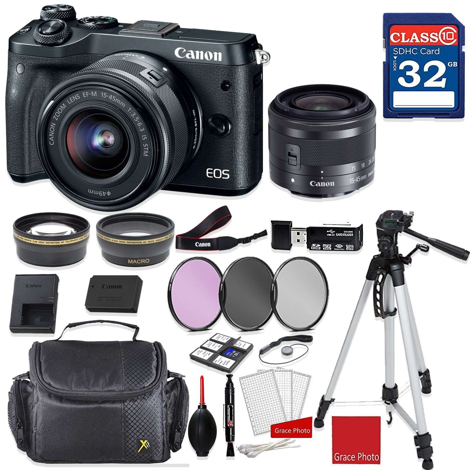Canon EOS M6 Mirrorless Digital Camera (Black) EF-M 15-45mm f/3.5-6.3 is STM Lens (Graphite) + Professional Accessory Bundle 1