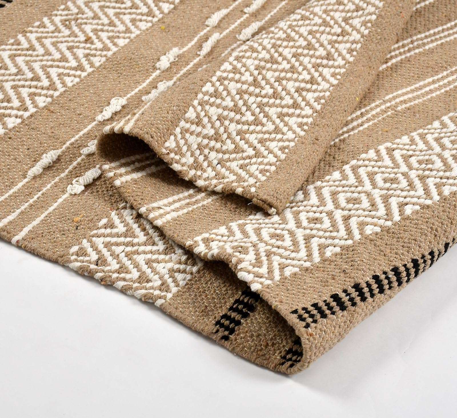 Ultica Fab® Handmade Sustainable Cotton 2 x 5 Feet Floor Rugs Carpet Durries for Living Drawing Room | Bedside Runner for Bedroom (Beige & White) 5