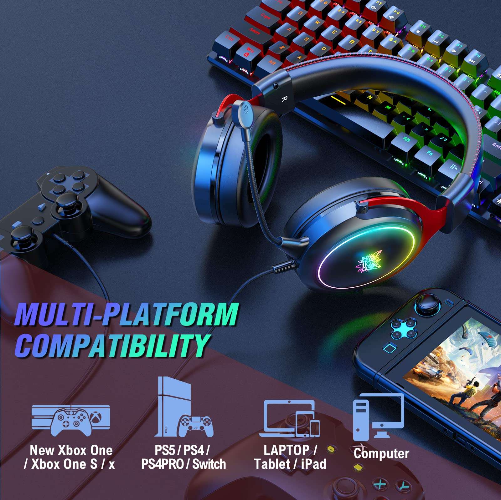 Ajsaki PS5 Gaming Headset with Microphone, PC Headset with Detachable Mic, Noise Cancelling Over-Ear Gaming Headphones with RGB LED Light, 7.1 Surround Sound for Nintendo Xbox One PS4 PS5 (Red) 6