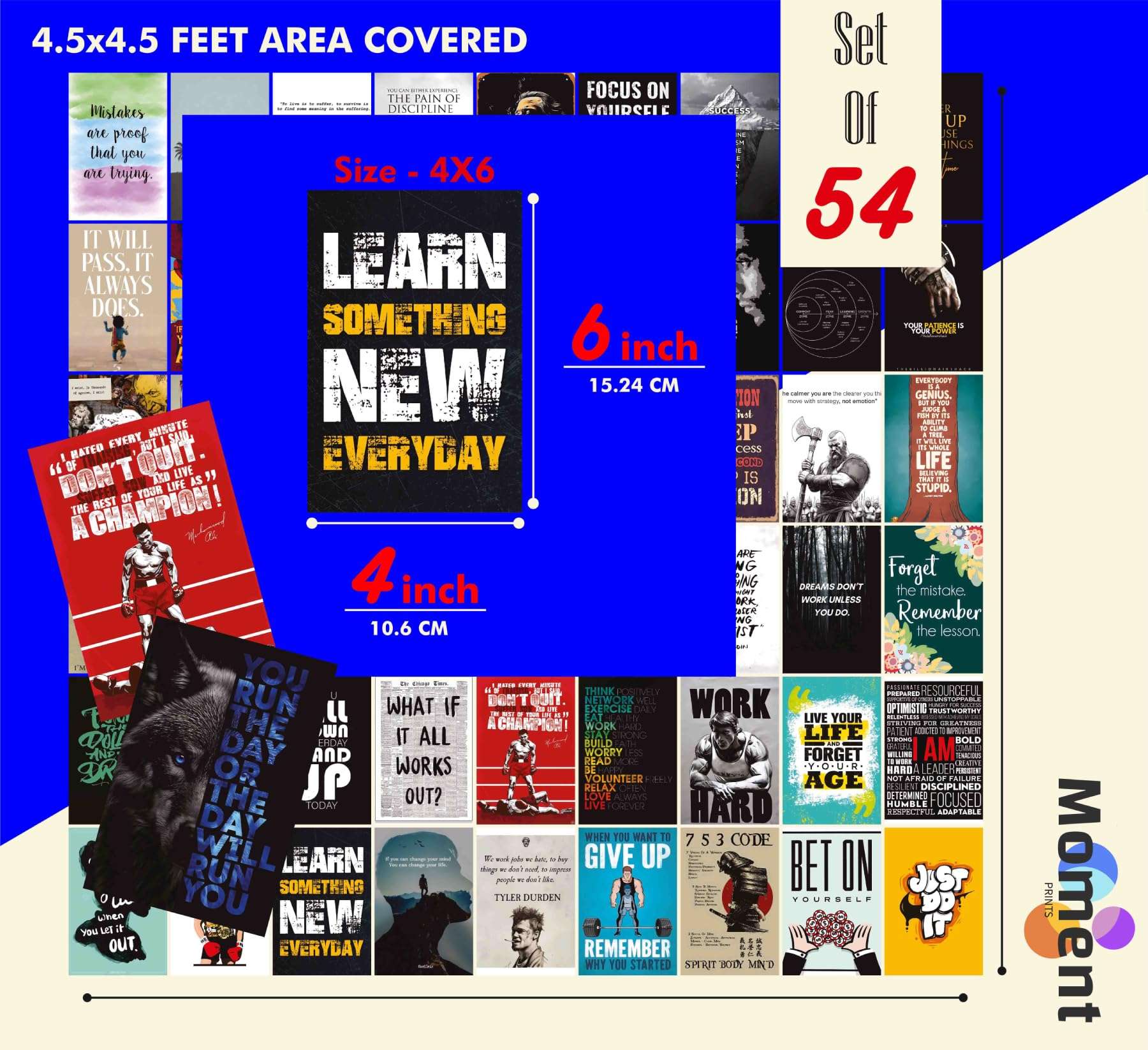 Moment Prints Set of 54 Motivational Inspirational Wall Collage Kit Posters - 4x6 Inches, Matte Finish, Double-Side Tape, Cardstock Included - Perfect for Office, Gym, Study Room Decoration 5