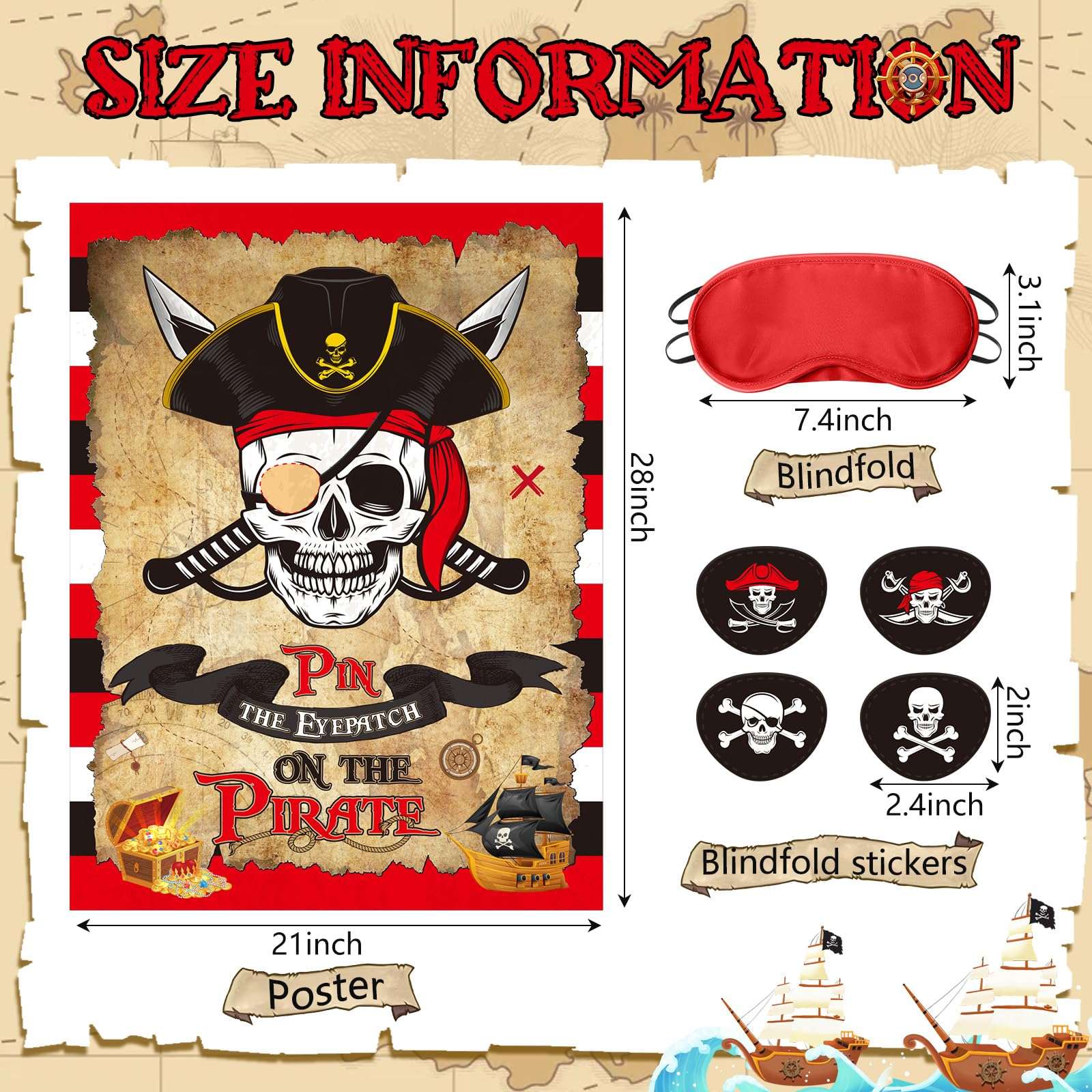 Faccito Pirate Party Games Pin The Eye Patch On The Pirates Birthday Party Decorations Pin The Pirate Include Pirate Poster 24 Sticker and Blindfold for Boys Girls Pirate Party Supplies Decoration 3