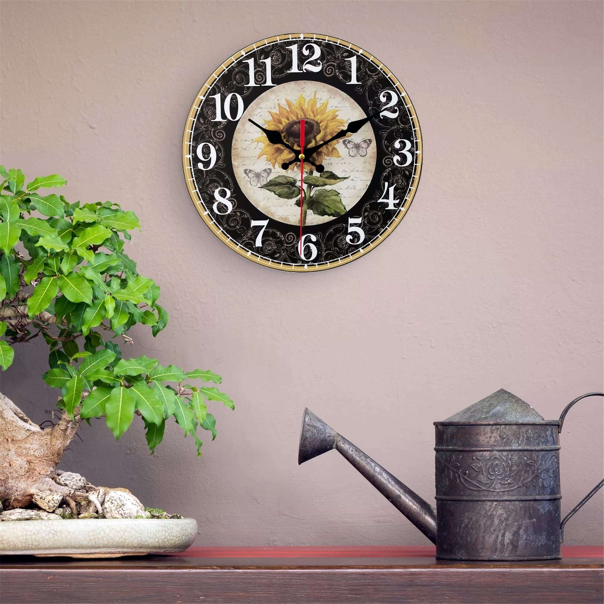 Qukueoy 12 Inch Sunflower Kitchen Wall Clock Rustic Farmhouse Clocks, Thick Wood Home Decor Sunflowers for Bedroom, Office, Dinning Room, Silent Battery Operated (Black) 4