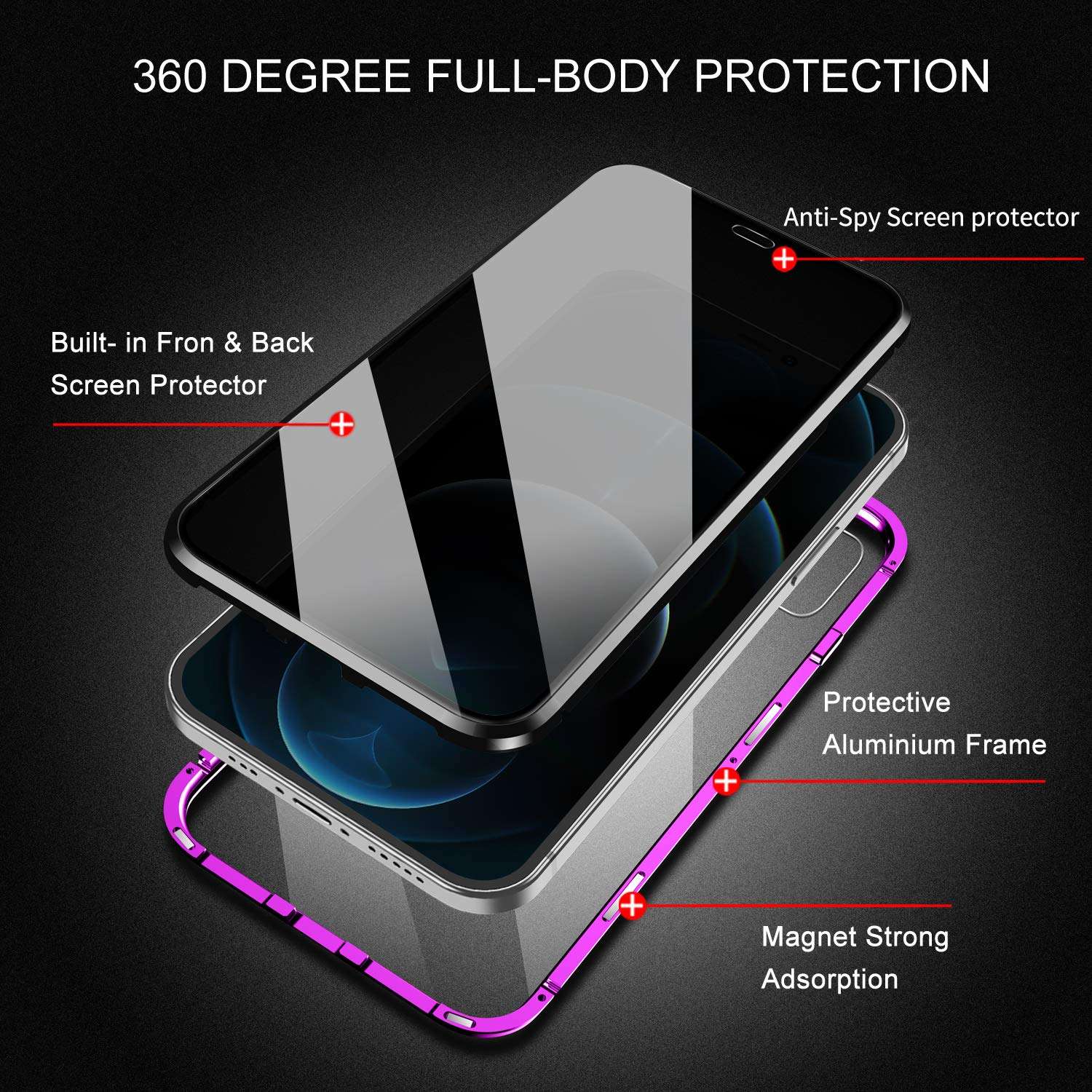 ZHIKE Anti Peeping Magnetic Double Side Privacy Tempered Glass Full Screen Coverage Anti-Slip Design Gradient Color Cover (Anti-Spy) (Purple-Black, iPhone 12 Pro Max Case) 3