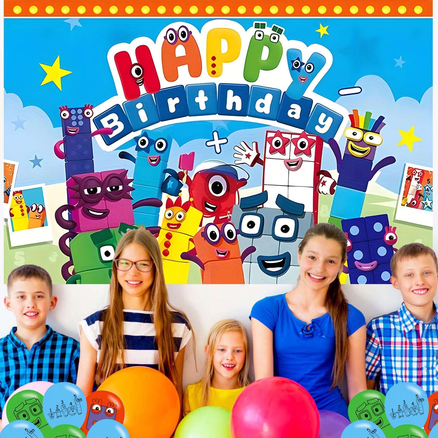 Number Birthday Party Decoration,Block Party Photo Background 5 x 3 FT and 18 Pcs Balloon,Merch Party Backdrop Supplies 6