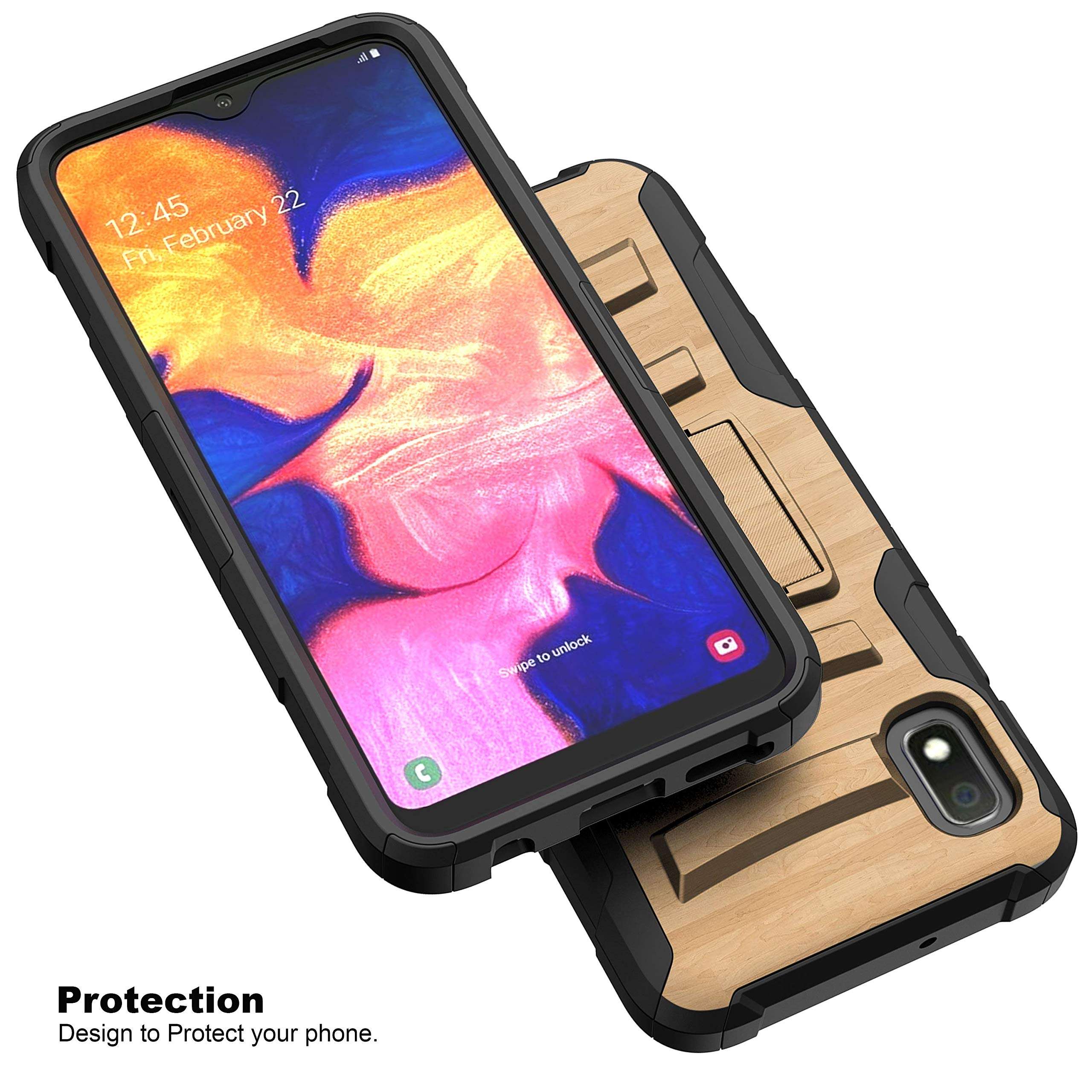 TurtleArmor | Compatible with Samsung Galaxy A10e Case | Galaxy A20e Case [Hyper Shock] Hybrid Dual Layer Armor Holster Belt Clip Case Kickstand - Maple Wood 4
