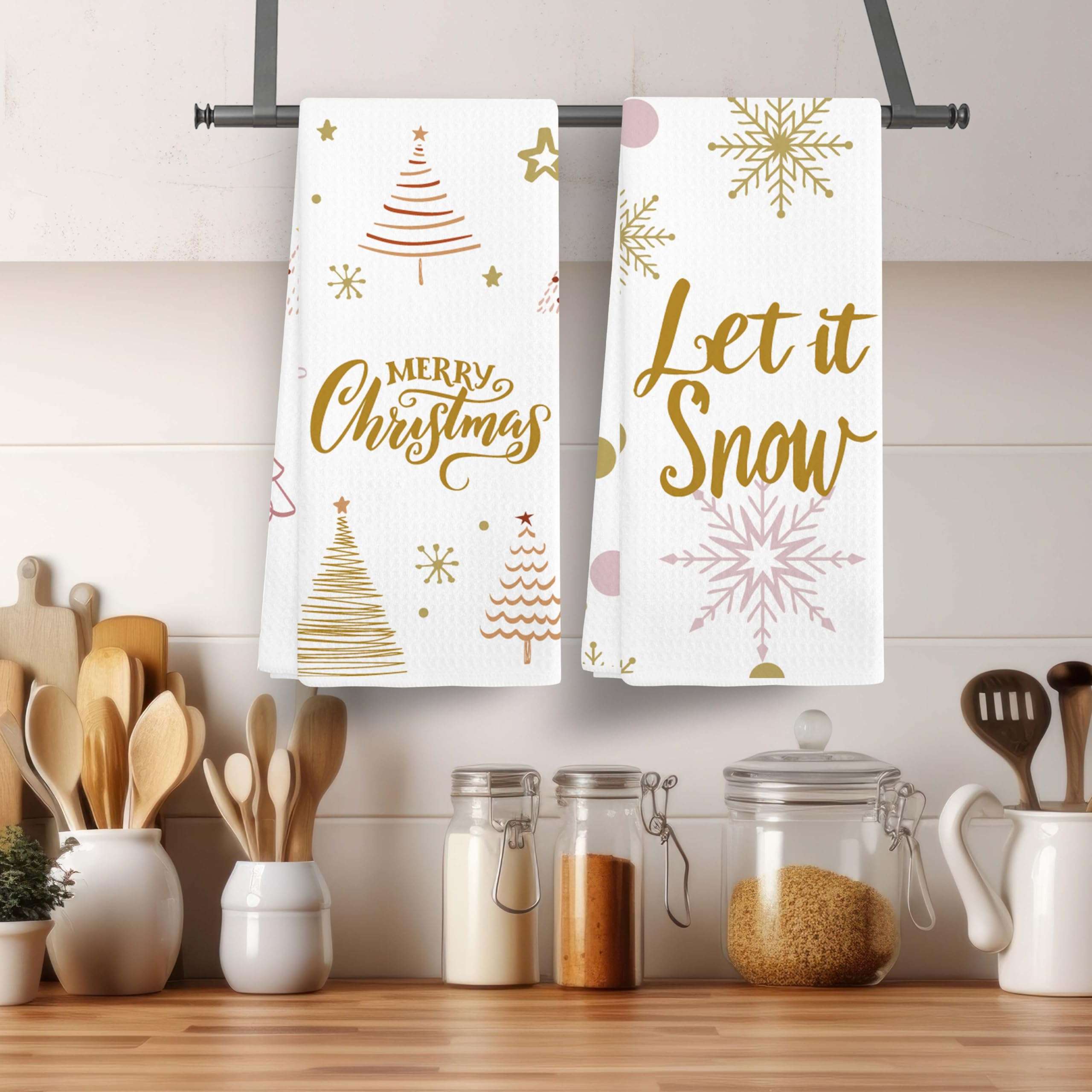 EJGFS Christmas Decorative Kitchen Towels Set of 2, ‘Merry Christmas’‘Let It Snow’ Dish Towels, Christmas Ornaments, Hand Towels, Winter Decor, 16x24 Inches, for Family, Friends, etc.(038) 3