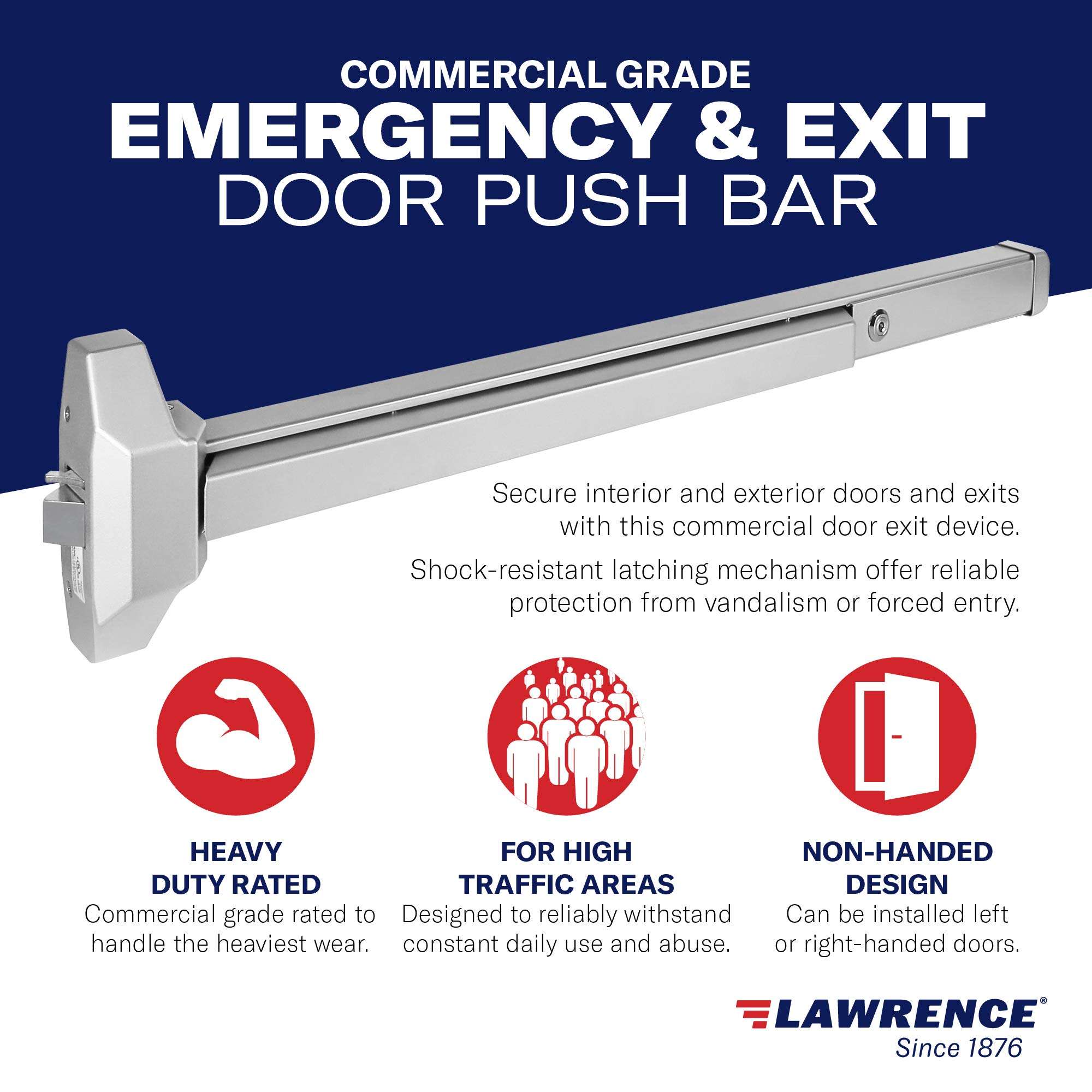 Lawrence Panic Push Bar Exit Device - Medium Duty Grade 2 Stainless Steel Auxiliary Guarded Commercial Door Lock Stopper - Shock Resistant Locking Mechanism for Security, Emergency, Fire 2