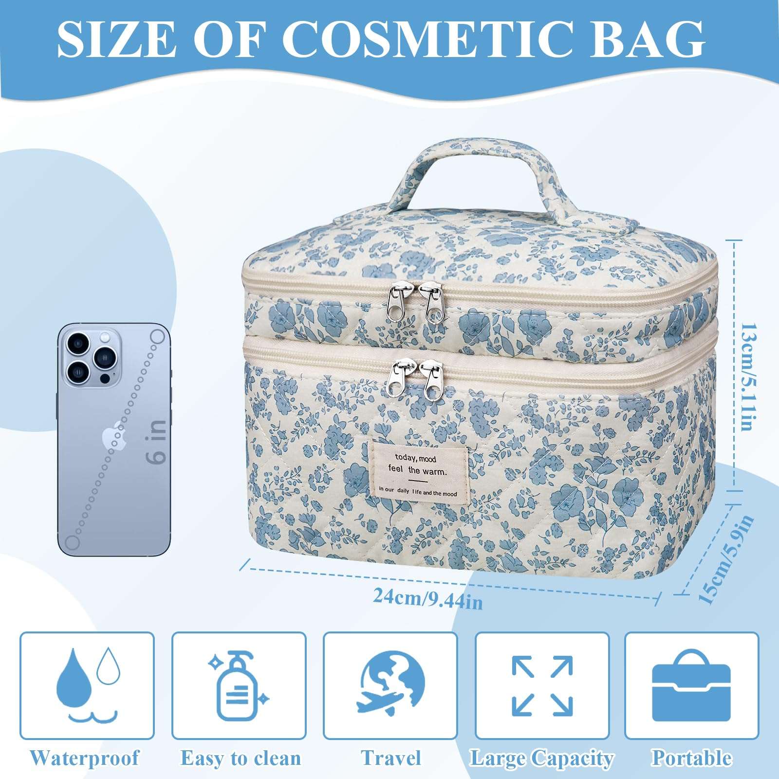 Makeup bag, Large Cosmetic Bag for Women Girls, Cute Quilted Makeup Bags, Floral Coquette Aesthetic Toiletry Bag, Travel Make Up Organizer Bag (Blue Flowers) 6