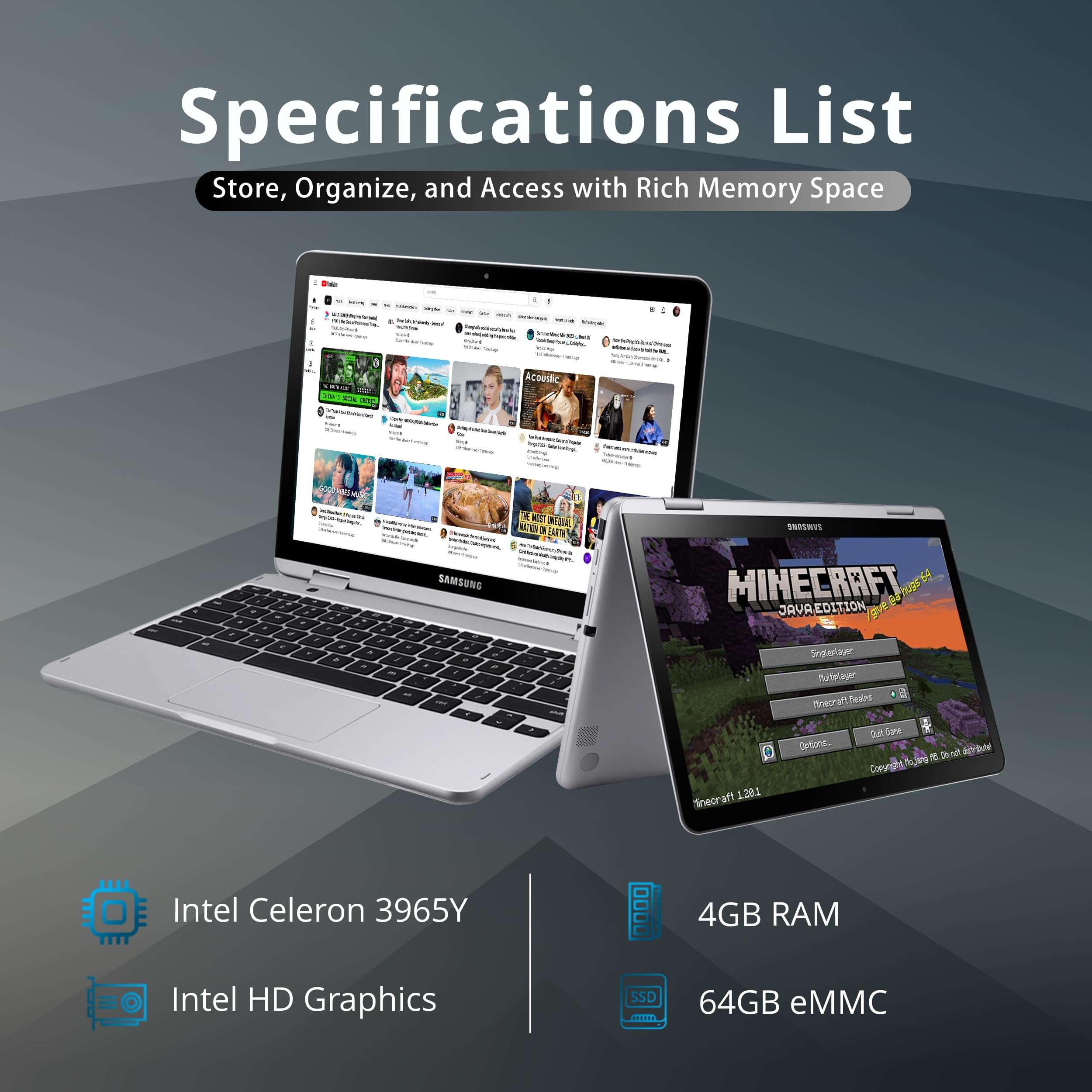 SAMSUNG Chromebook Plus V2 2-in-1 Touchscreen Laptop, 12.2" WUXGA Display, Intel Celeron 3965Y, 4GB RAM, 64GB eMMC, HD Camera, Wi-Fi 5, Bluetooth Mouse, Stylus Pen, Chrome OS, Silver, 32GB USB Card 2