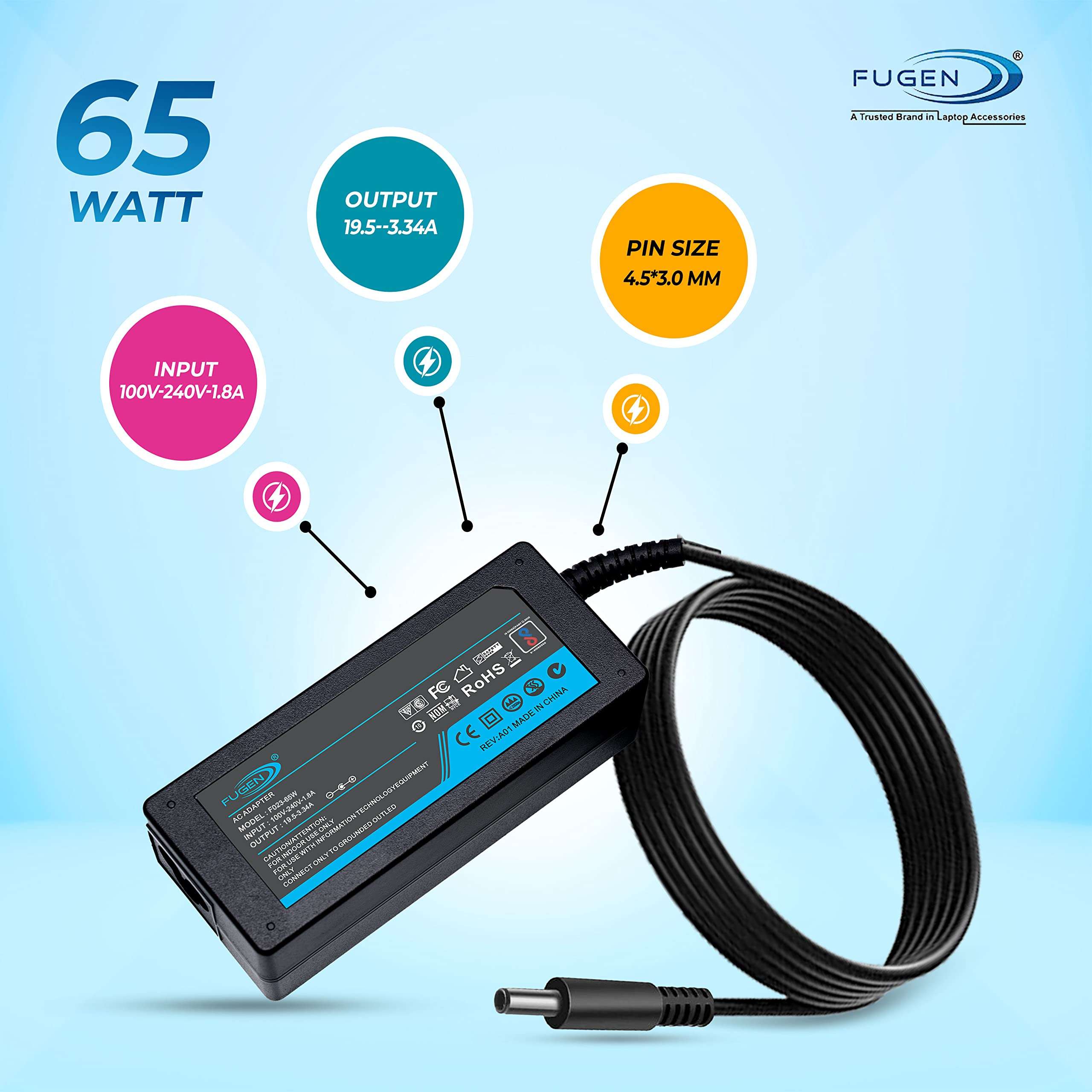 Fugen Laptop Charger Adapter 65w 19.5v 3.34a Pin Size 4.5 * 3.0mm Compatible for de-ll Inspiron AIO Desktops: 3064 AIO 3263 AIO 3265 AIO 3464 AIO 3050 3060 AIO 3460 3