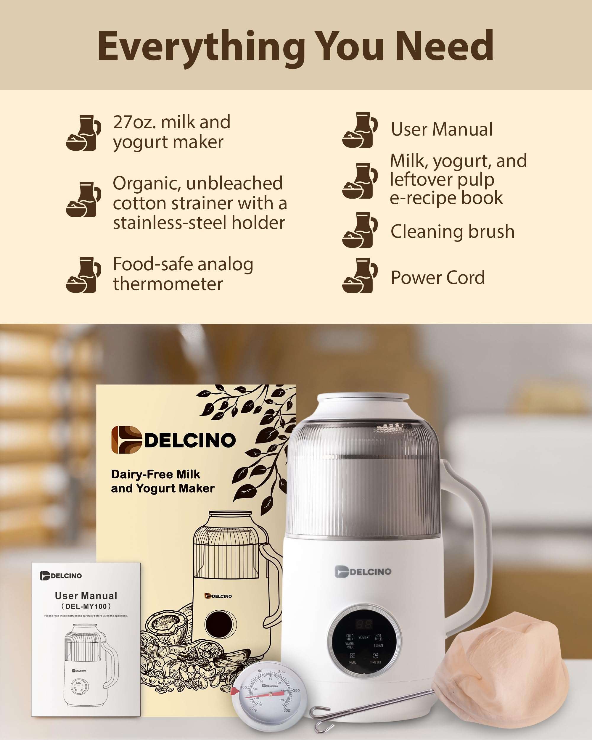 DELCINO Dairy Free Nut Milk Maker Machine & Yogurt Maker Machine - 27 Oz Homemade Oat Milk, Soy Milk, Almond Milk & More Plant Based Milk & Yogurt - Stainless Steel - With Strainer & Thermometer 5