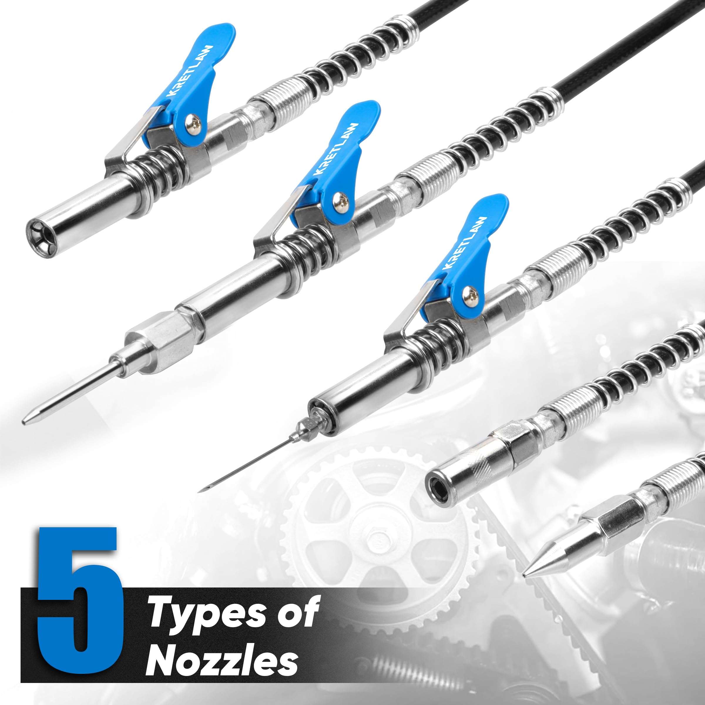 KRETLAW Grease Gun, 7000 PSI Heavy Duty Professional Pistol Grip Grease Gun Kit 14 OZ with Coupler, Double Grease Injector Needles, 18" & 2pc 12" Flex Hoses and Reinforced Glove 5