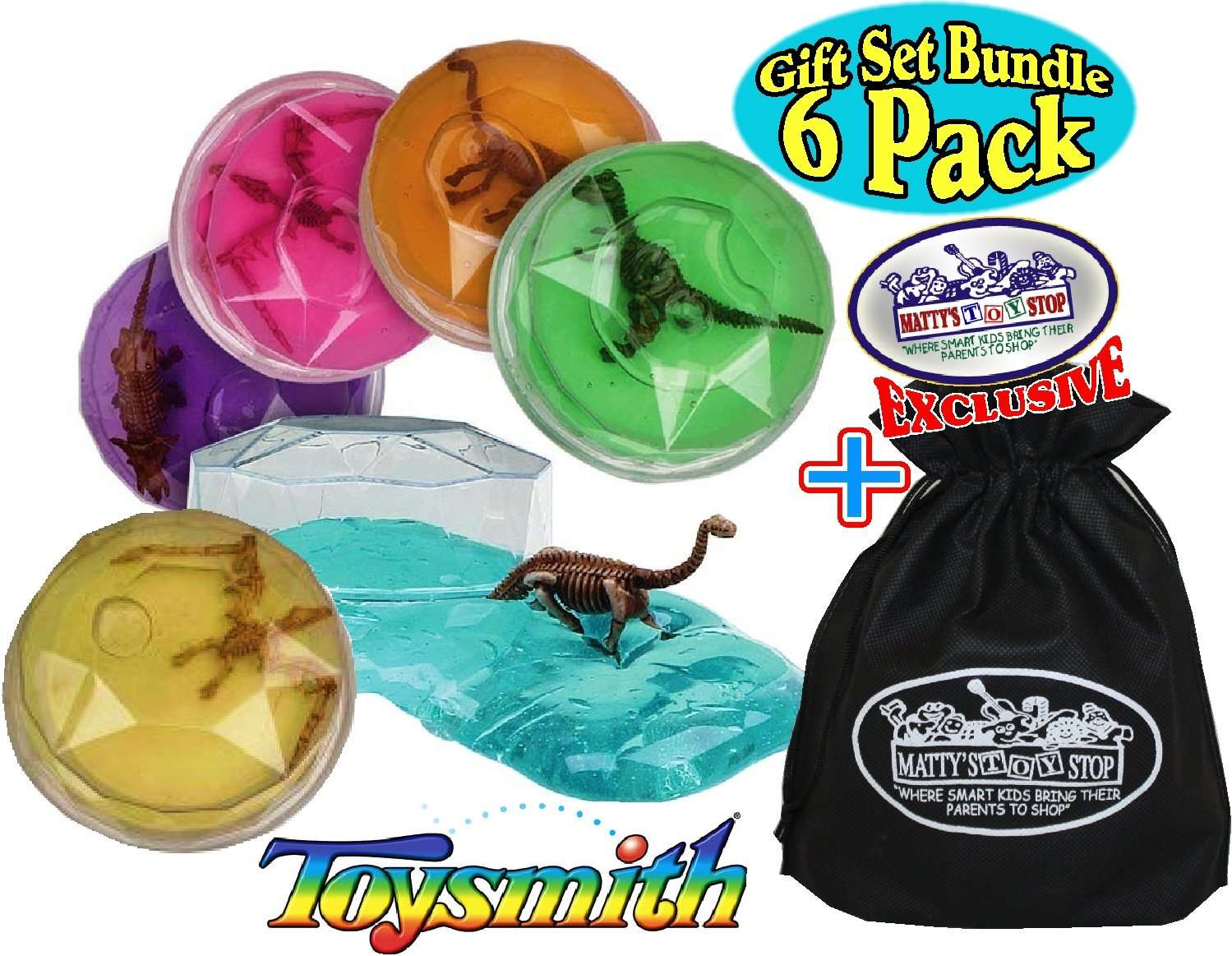 Toysmith Dinosaur Putty Fossil Discovery (Slime) Complete Gift Set Party Bundle with Exclusive Matty's Toy Stop Storage Bag - 6 Pack 1