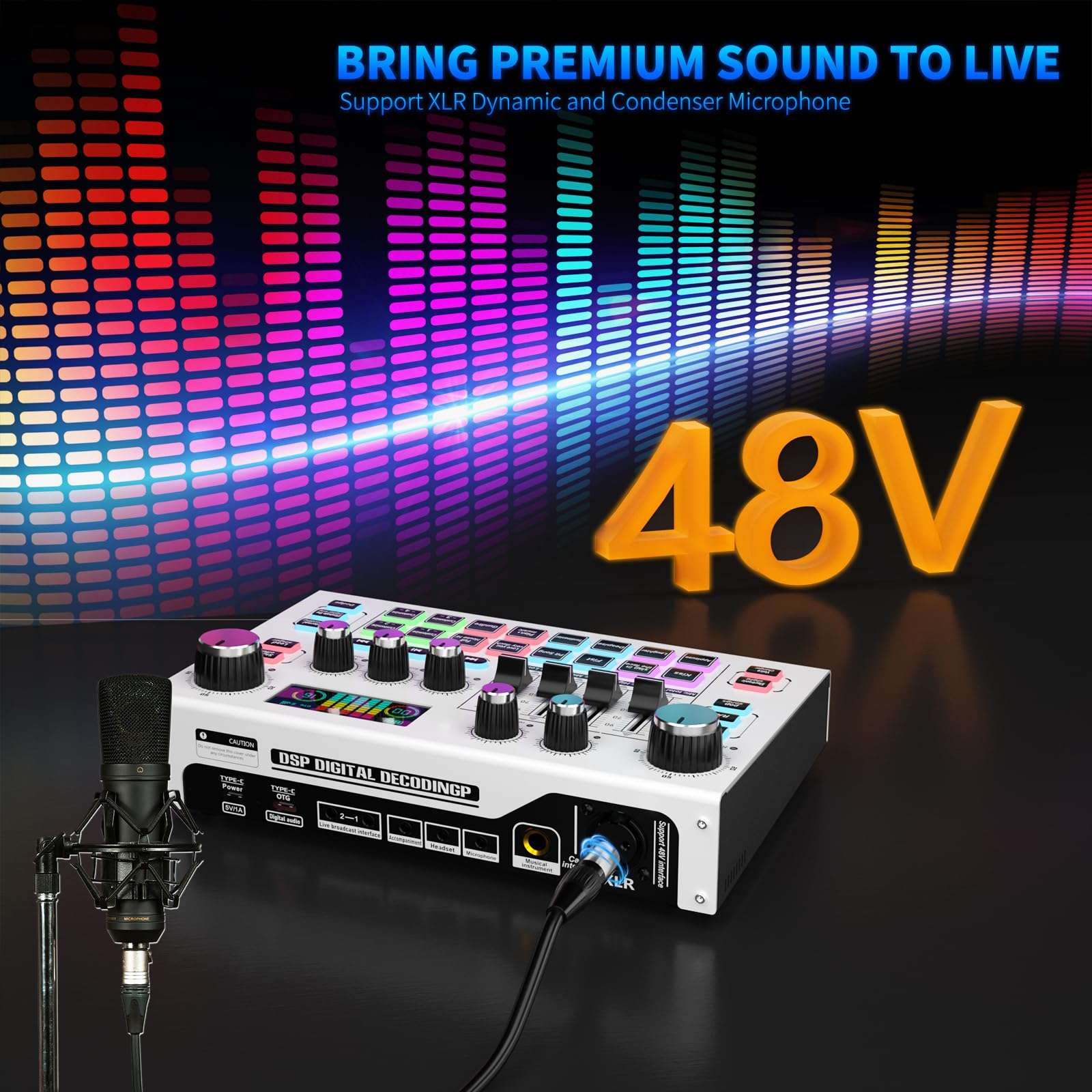 Yinker Streaming Audio Mixer, LCD Gaming Audio Mixer Interface, Live Sound Card with Bluetooth, 48V Phantom Power for Live Streaming Podcast, Recording, Gaming 6