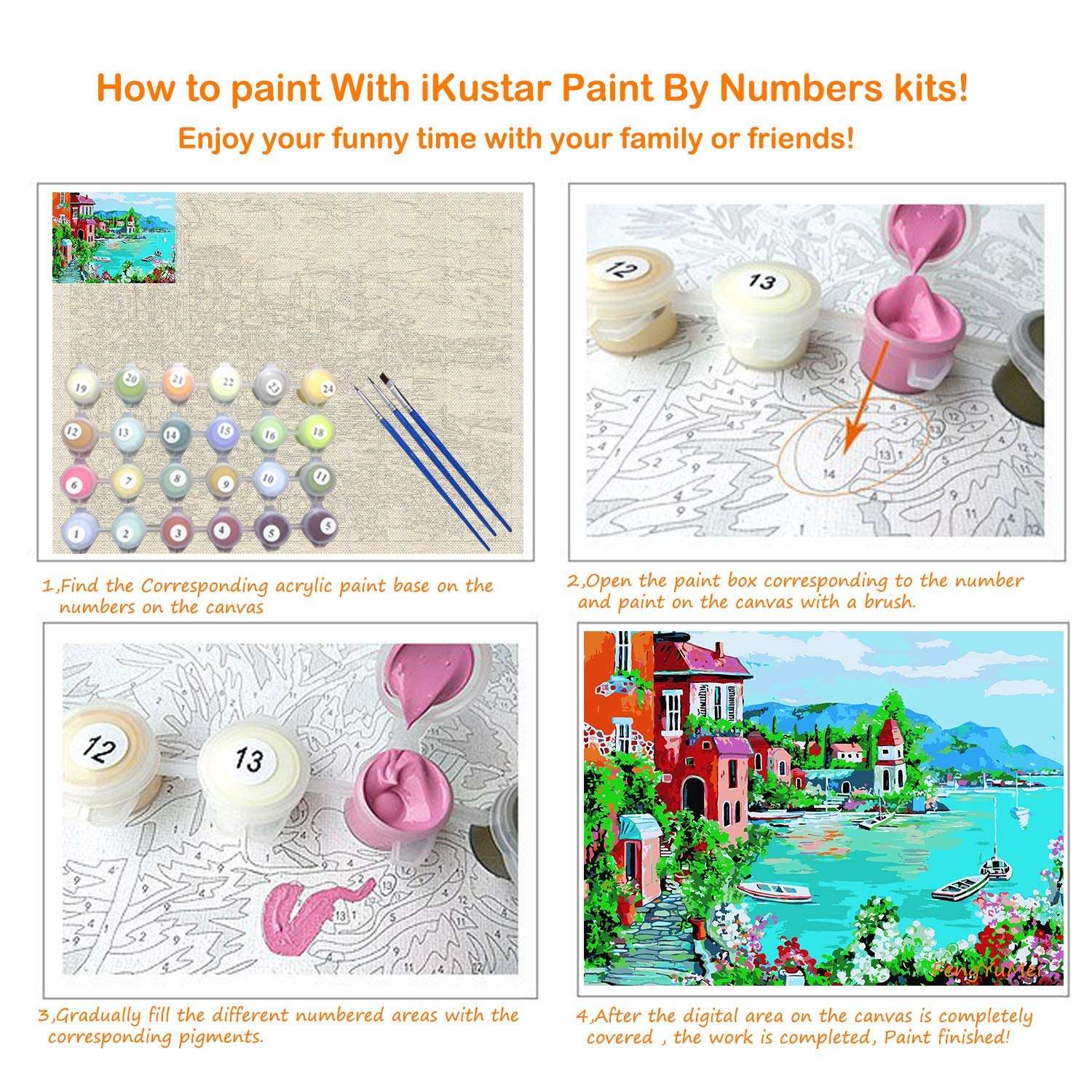 iKustar Paint by Numbers DIY Acrylic Painting Kits for Kids & Adults Beginner–16" W x 20" L Village hut Pattern(20"x16" Frameless) 3