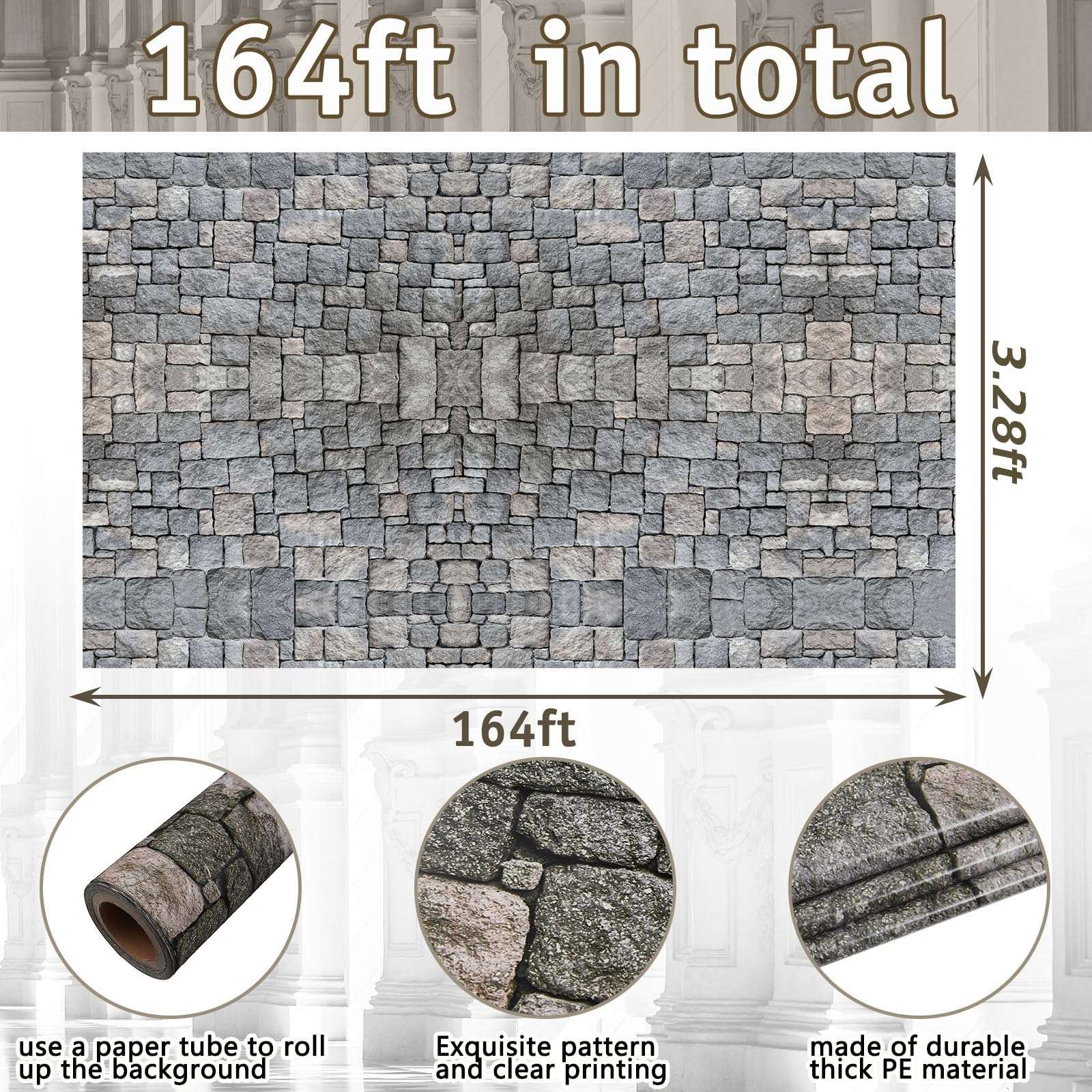 164 ft Brick Wall Backdrop Stone Wall Scene Setter Medieval Castle Wallpaper Curtains Door Cobblestone Tablecloth Photo for Halloween Wallpaper Medieval Party Decor Castle Knight Themed Party Supplies 4