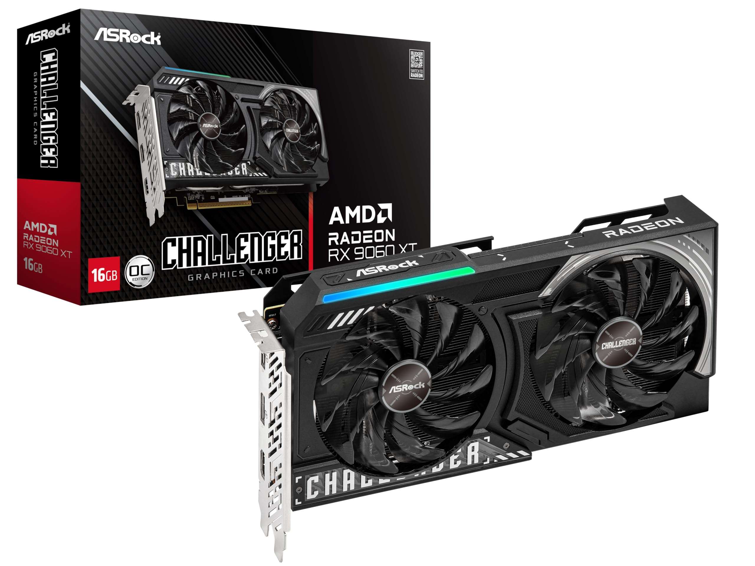 ASRock Radeon RX 9060 XT Challenger 16GB GDDR6 OC Graphics Card | 3300 MHz Boost | Dual Fan | 0dB Cooling | Metal Backplate | PCIe 5.0 | DisplayPort 2.1a, HDMI 2.1b 1