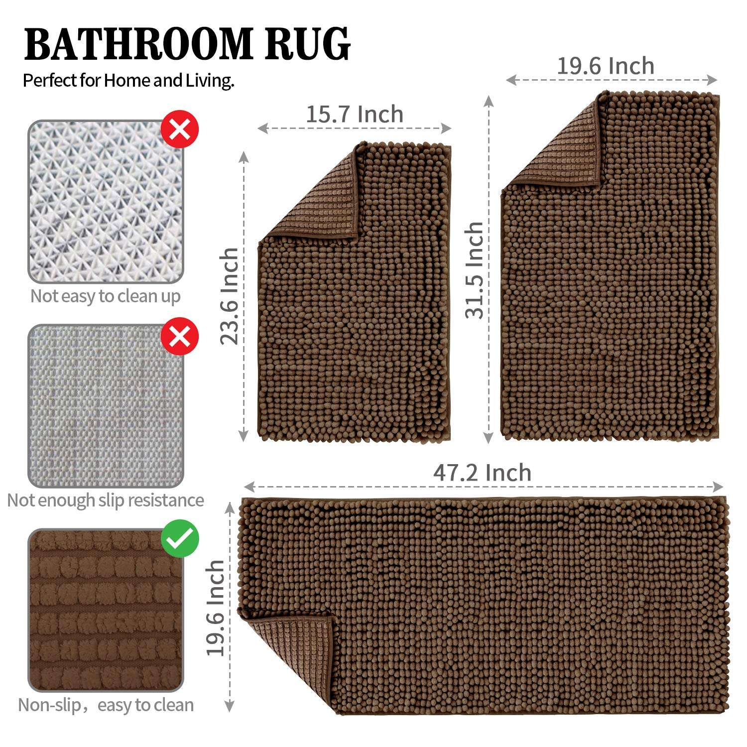 Chenille Bath Rugs,Soft and Ultra Thick Bath Mat, Non-Slip and Absorbent Microfiber Bathroom Mat for Kitchen and Indoor (16"X24", Brown) 3