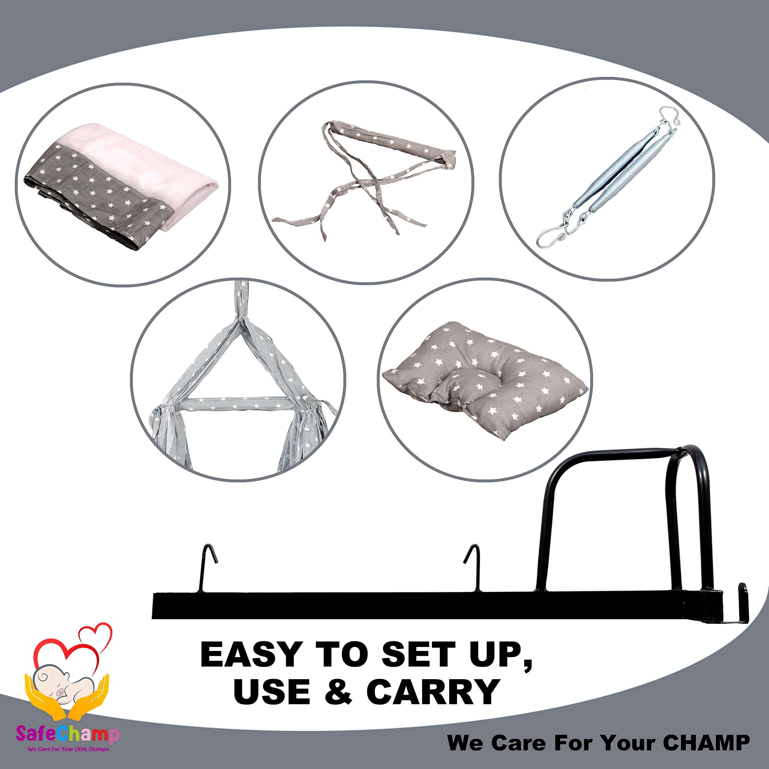 SafeChamp Roxy Baby Swing Cradle with Mosquito Net, Pillow, Spring and Metal Window Cradle Hanger (Grey) 6