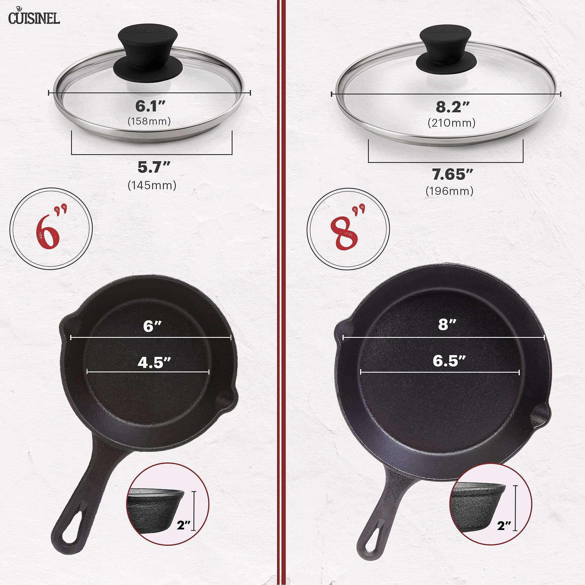 Cuisinel Cast Iron Skillets Set - 6"+8"+10+12"-Inch + Glass Lids + Silicone Handle Holder Cover Grips - Pre-Seasoned Frying Pan - Oven Cookware - Use Indoor/Outdoor, Grill, Stovetop, Fire 5