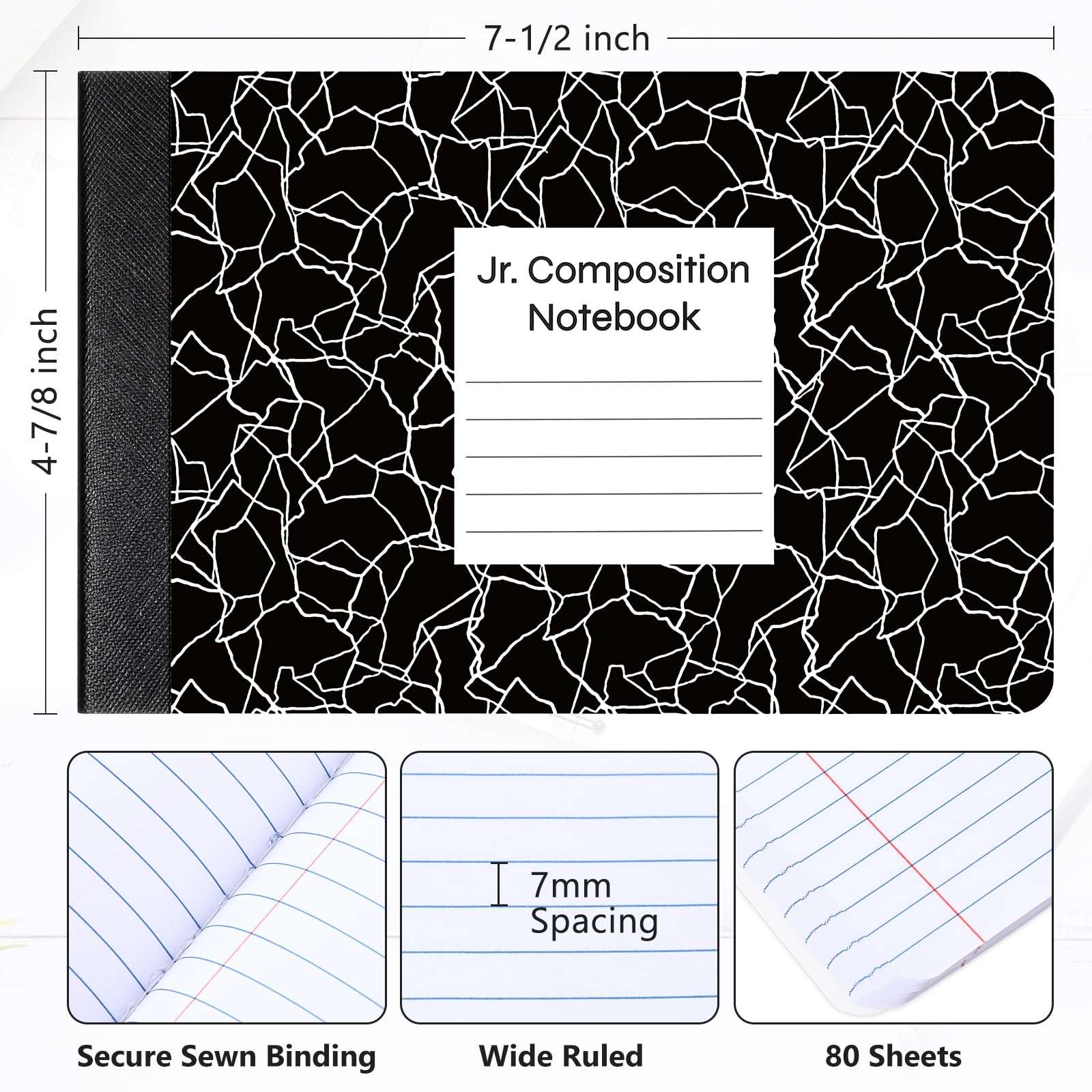 Resurhang 12 Pcs Jr. Composition Notebooks Marble Cover Half Size 4-7/8 x 7-1/2 Inches Composition Notebook 80 Sheets Mini Marble Notebooks Wide Ruled Assorted Primary Covers Notebook (Colorful) 3
