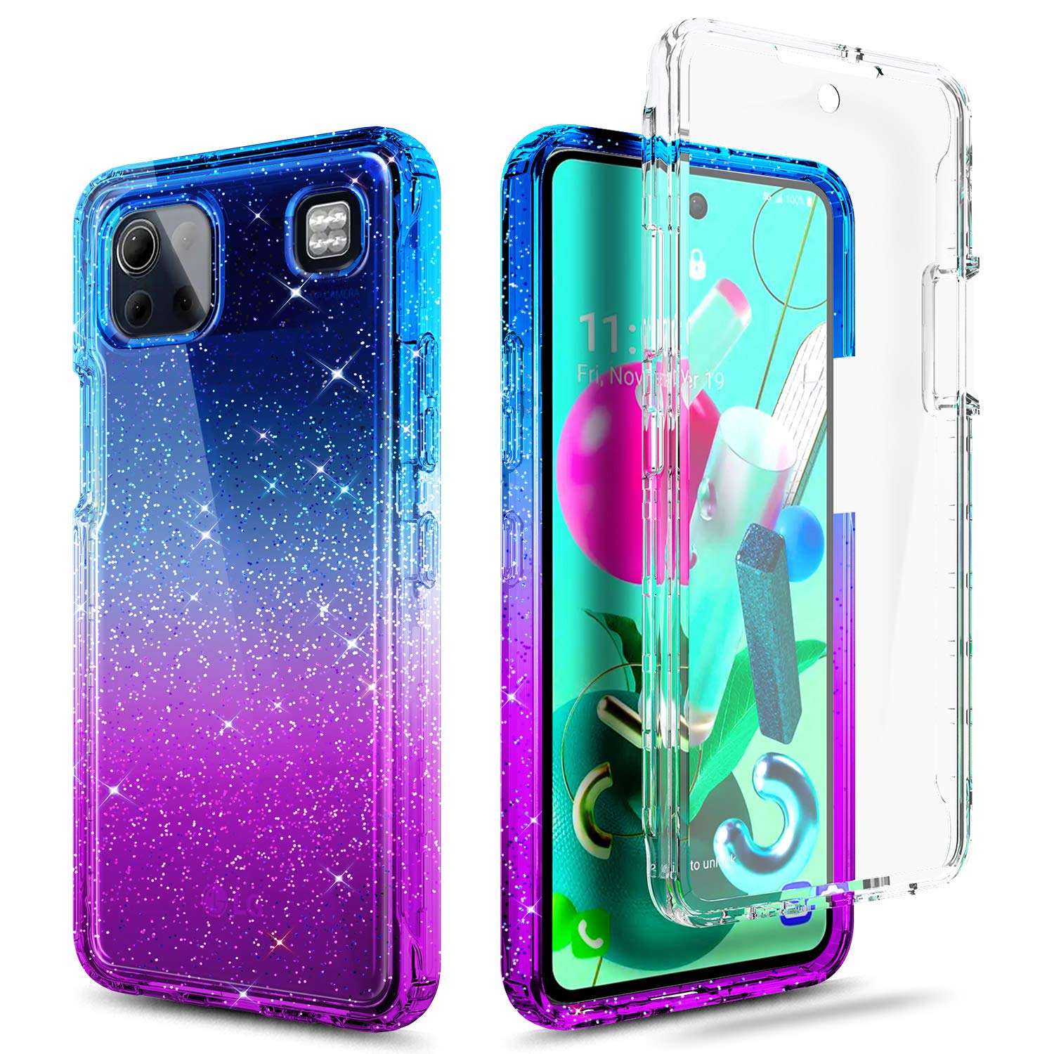 NZND Case for LG K92 / K92 5G (LM-K920) with [Built-in Screen Protector], Full-Body Protective Shockproof Rugged Bumper Cover, Impact Resist Phone Case -Glitter Gradient Purple/Blue 5