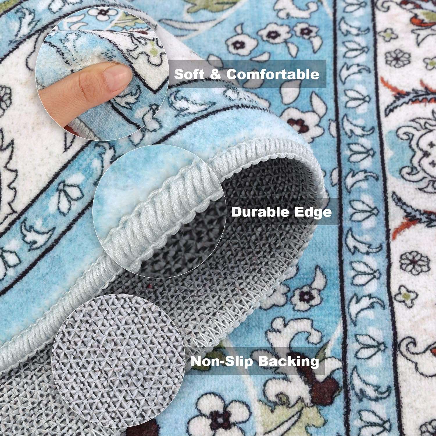 LOKHOM Washable Area Rug, 3x5 Non-Slip Kitchen Area Mat Vintage Living Room Rug with Rubber Backing, Boho Floral Faux Wool Farmhouse Bedroom Area Carpet for Bedroom Bathroom Kitchen Laundry(Teal) 4