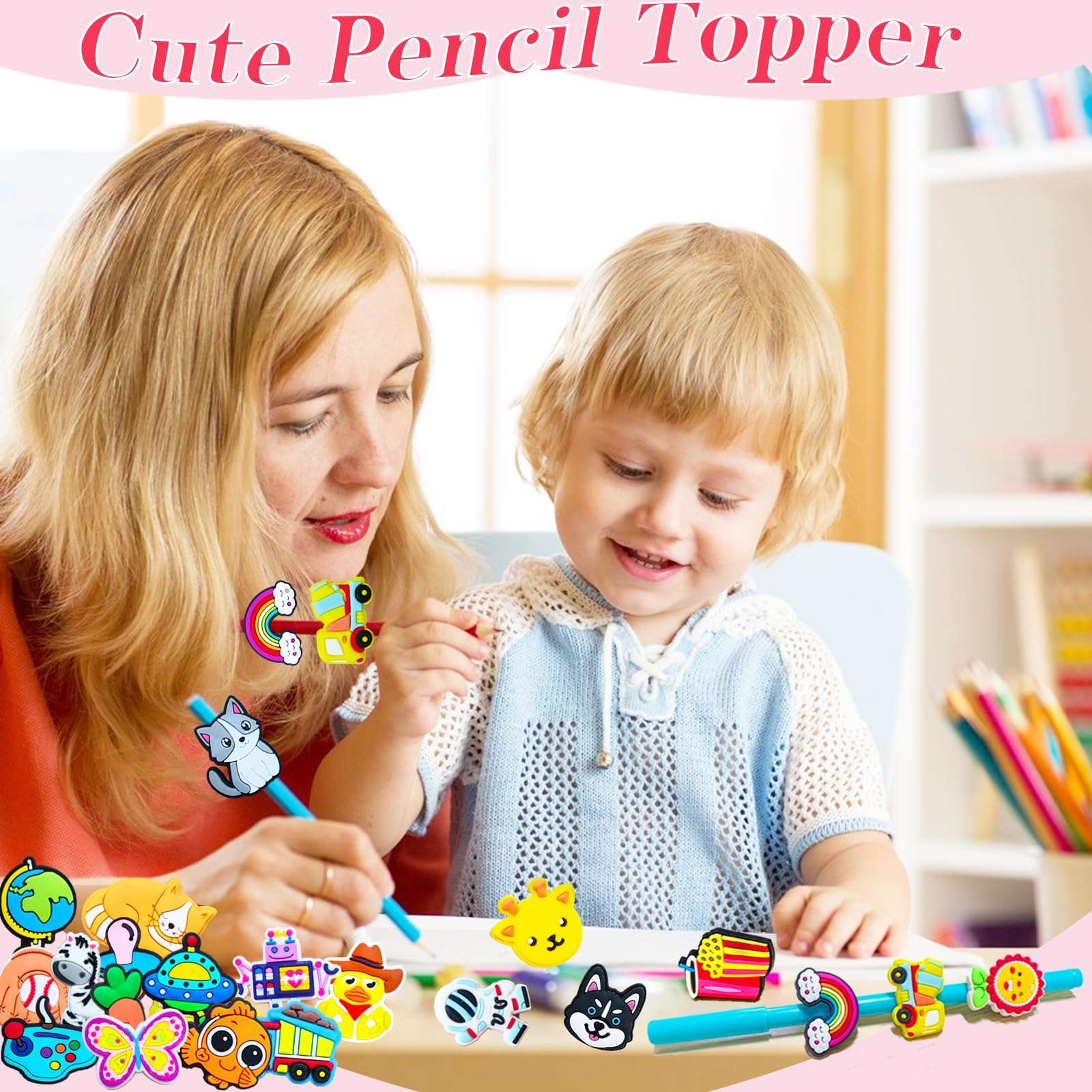 100 PCS Cute Pencil Topper Decoration,Kawaii Pen Straw Clips Decor Accessories,Pencil-Top Charms for Pupil,Junior,Kids,School Supplies,Classroom Reward,Prizes,Gifts,Bulk Random Different Cartoon 5