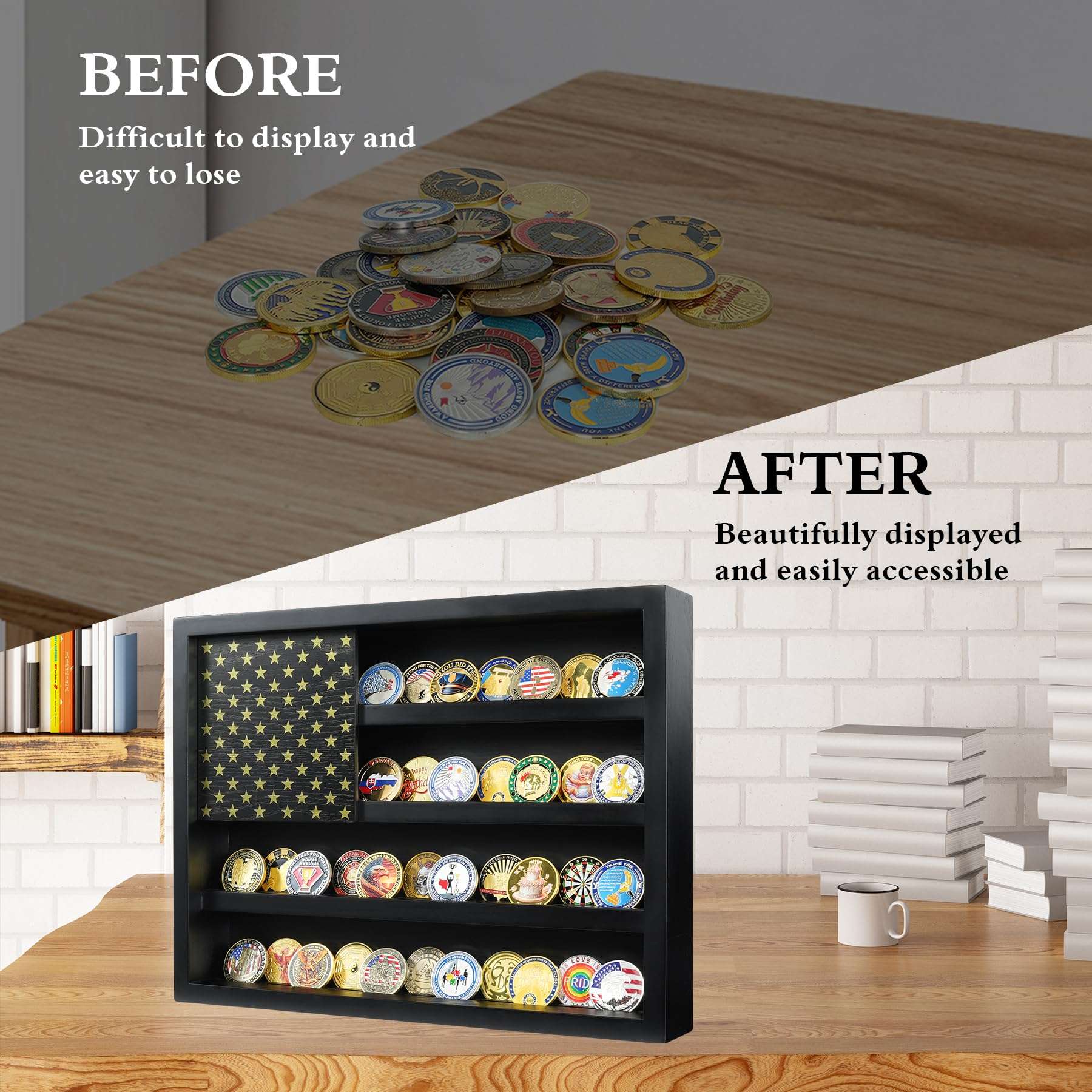 ASmileIndeep Challenge Coin Display Case, 4 Rows Military Coin Holder Display with 2 Groove Shelves Holds 64-73 Coins, Wooden Wall Mounted Coin Display Stand With Magnetic American Flag, Black 6
