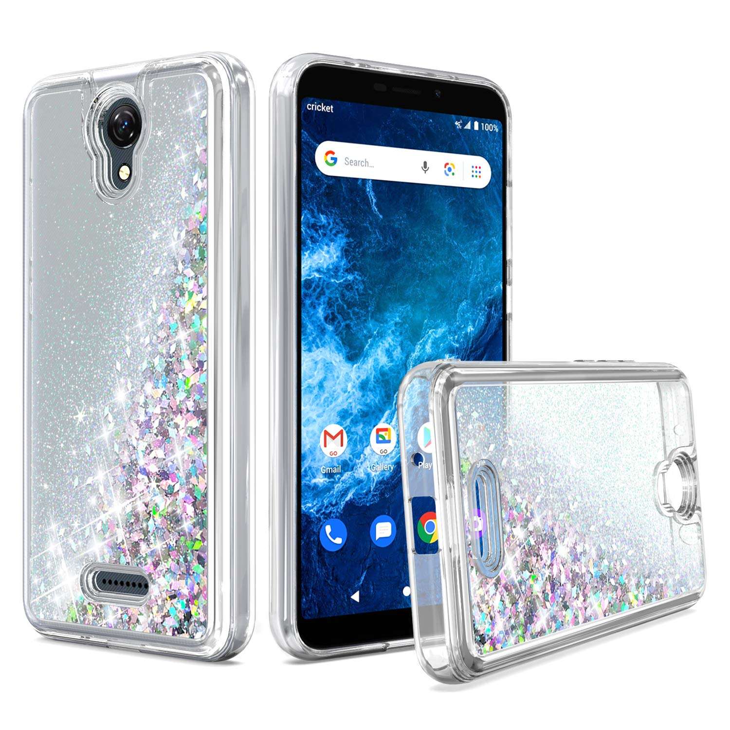 UNC Pro Cell Phone Case for Cricket Icon 2 Version (2020 Released), Quicksand Glitter TPU Liquid Flowing Sparkle Hybrid Case Shockproof Bumper Cover, Silver