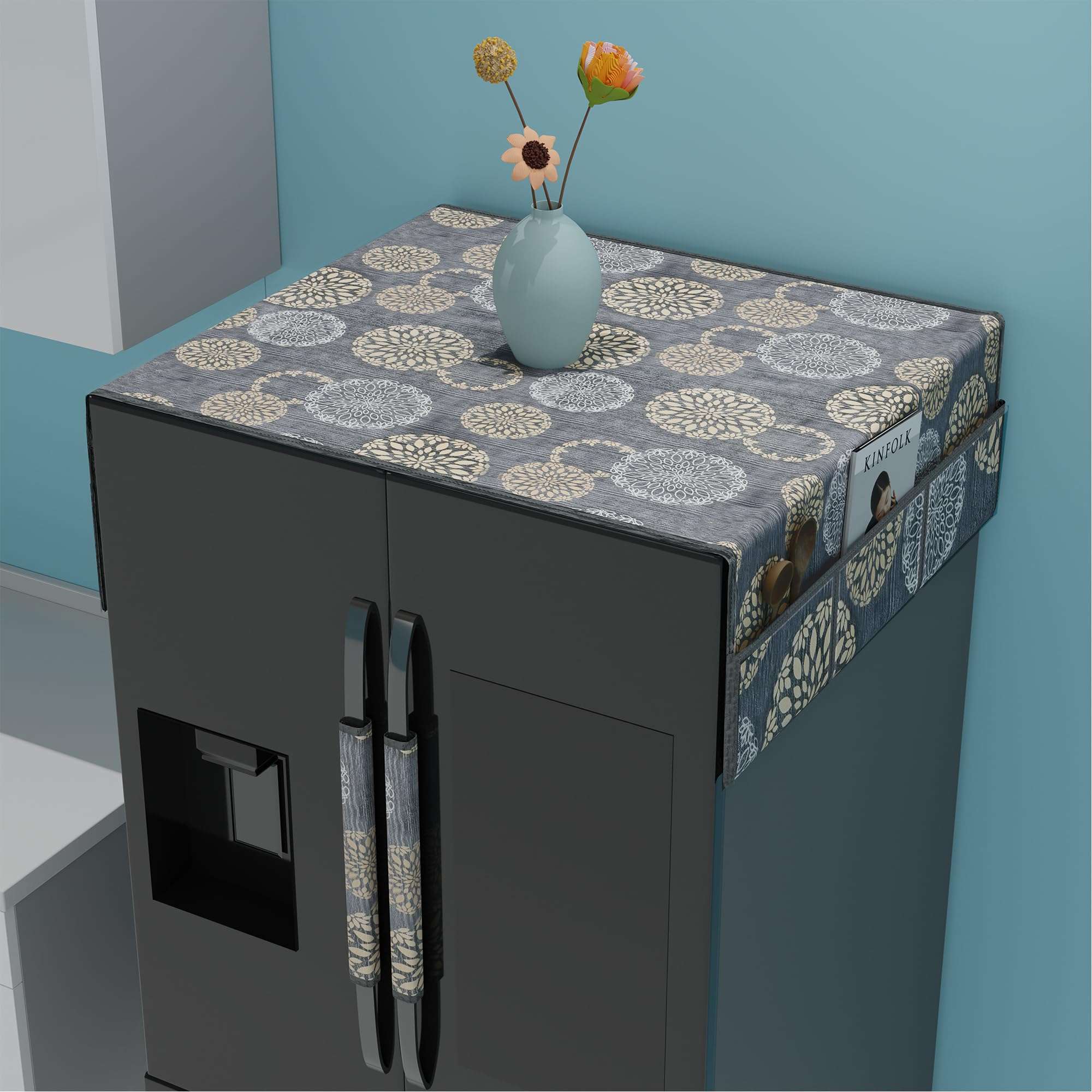 Kuber Industries Combo of 2 Wipeable & Dustproof XL Size Double Door Fridge Top Cover With Handle Cover | Easy To Clean Refrigerator Cover for Home | Rangoli Print- Black 1