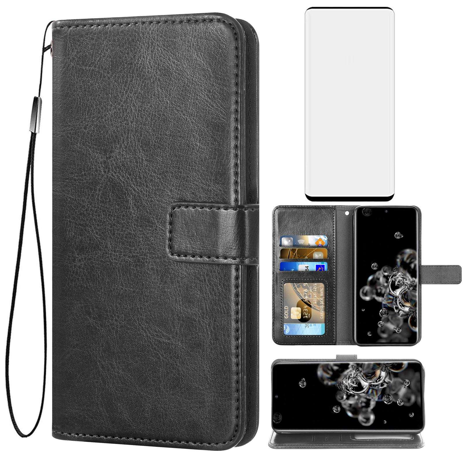 Asuwish Compatible with Samsung Galaxy S20 Ultra Glaxay S20ultra 5G Wallet Case Tempered Glass Screen Protector Flip Cover Card Holder Accessories Phone Cases for Gaxaly 20S S 20 A20 20ultra G5 Black 1