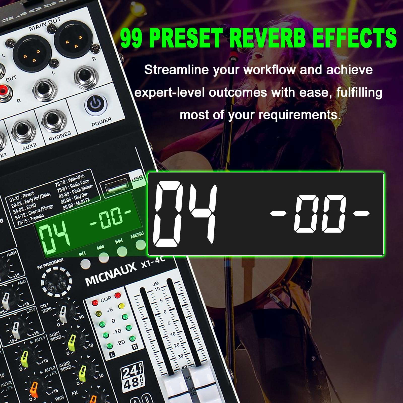 MICNAUX Audio Mixer 4 Channel Professional Sound Mixer Console with 99 DSP Effects, Small Mixing Board DJ Mixer w/USB, Bluetooth, 48V Power Supply, PAD Button for Recording Karaoke PA Drum Live Music 3