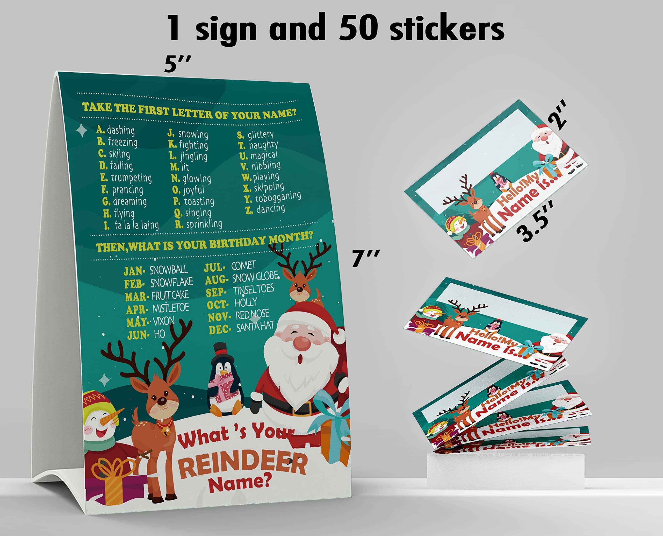 What's Your Reideer Name Game, 1 Reideer Theme Sign and 50 Name Tag Stickers, Christmas Party Games, Birthday Game for Kids and Adult Parties, Activity Game for Office or Class | JRKP011L 3