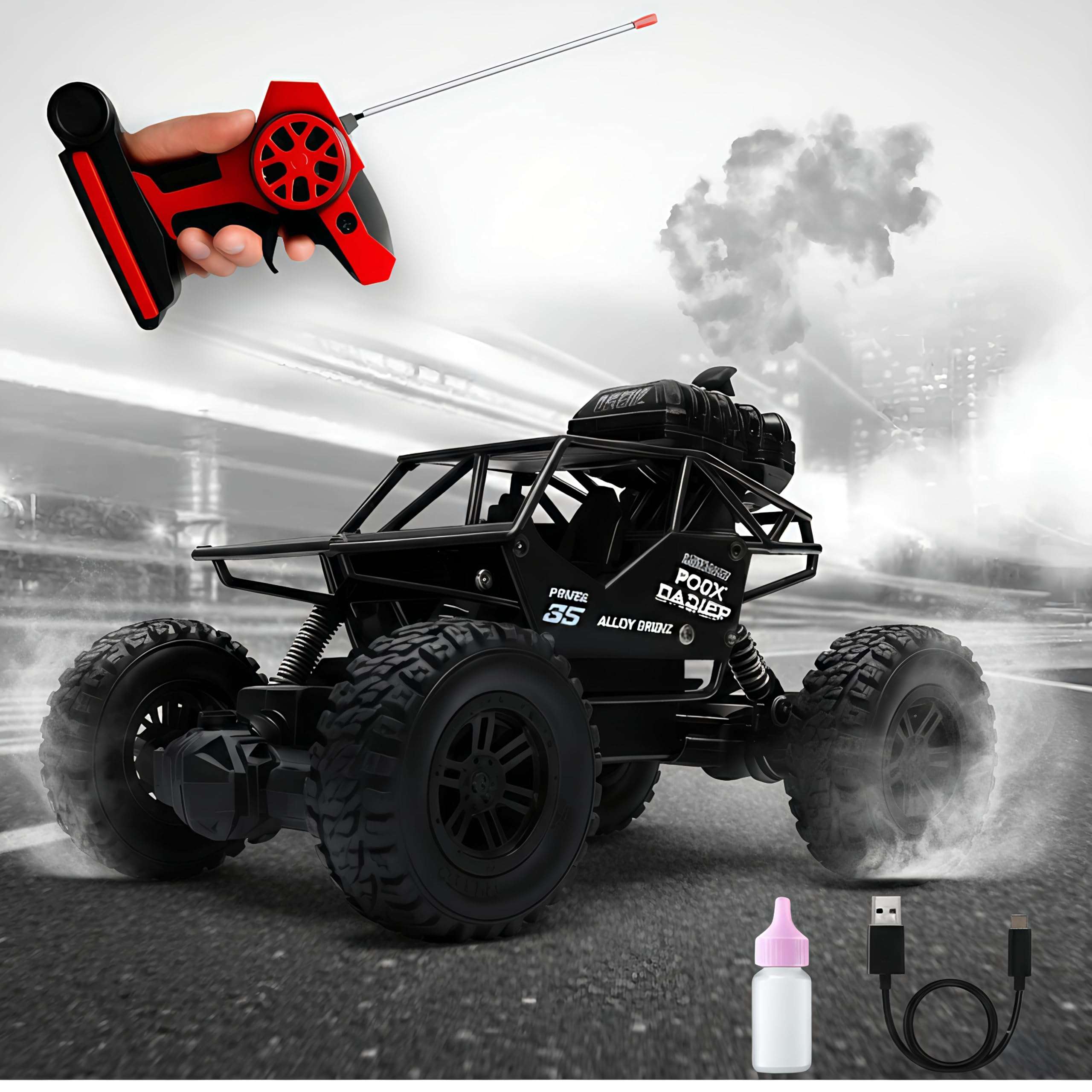 Umadiya Offroader 2Wd Rc Car High Speed | 5 Functions 1:18 RC Car with Smoke Fog | Styled as Rock Crawler Climbing Monster Truck | Rechargeable Remote Control Car for Kids (Multi-Color) 1
