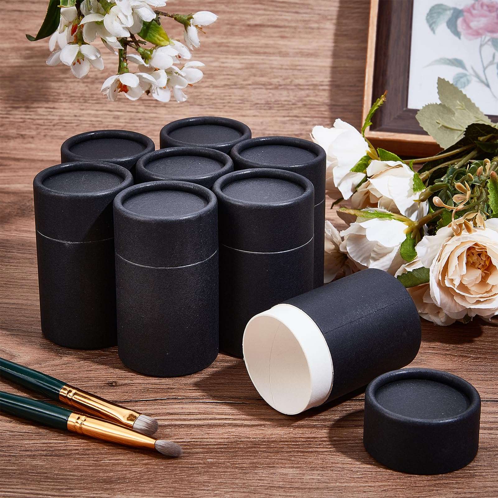 NICENEEDED 8 Pcs Black Paperboard Lip Balm Tubes, 2.5 Oz Refillable Paper Lipstick Tube, Round Cardboard Empty Lip Gloss Container Solid Perfume Tube Cosmetic Box for DIY Lip Gloss Balm 6